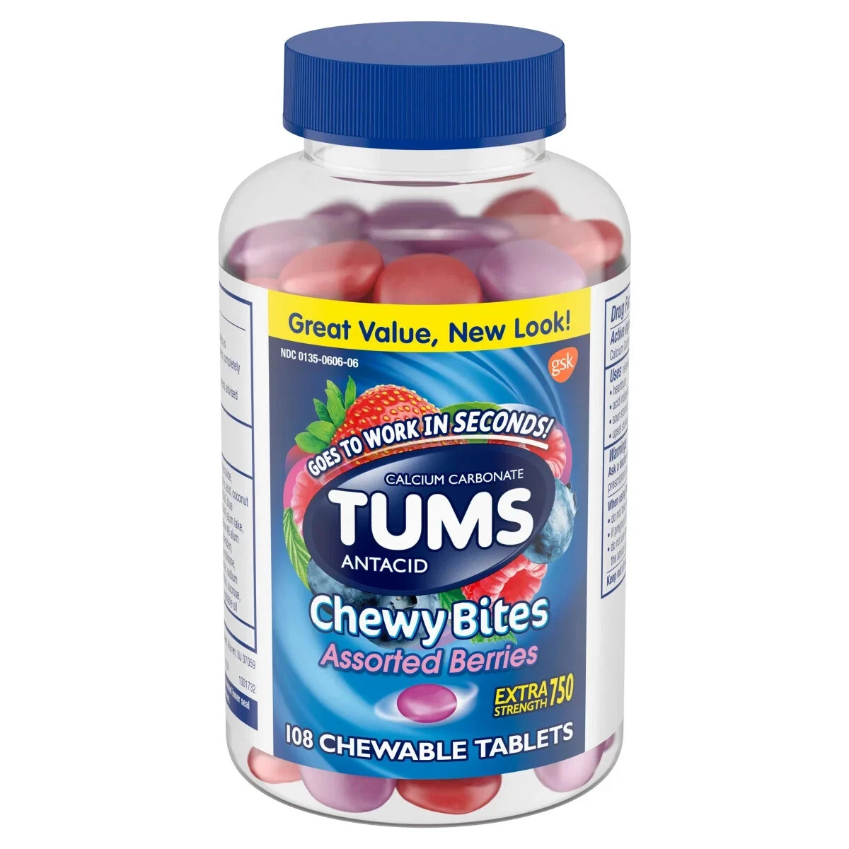 TUMS Antacid Chewy Bites Assorted Berries 108 Ct Heartburn Relief Gluten Free