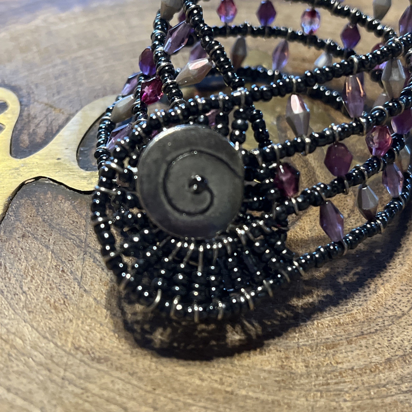 Boho Wrap Bracelet Black & Pink Crystal Beads Silvertone Swirl Button