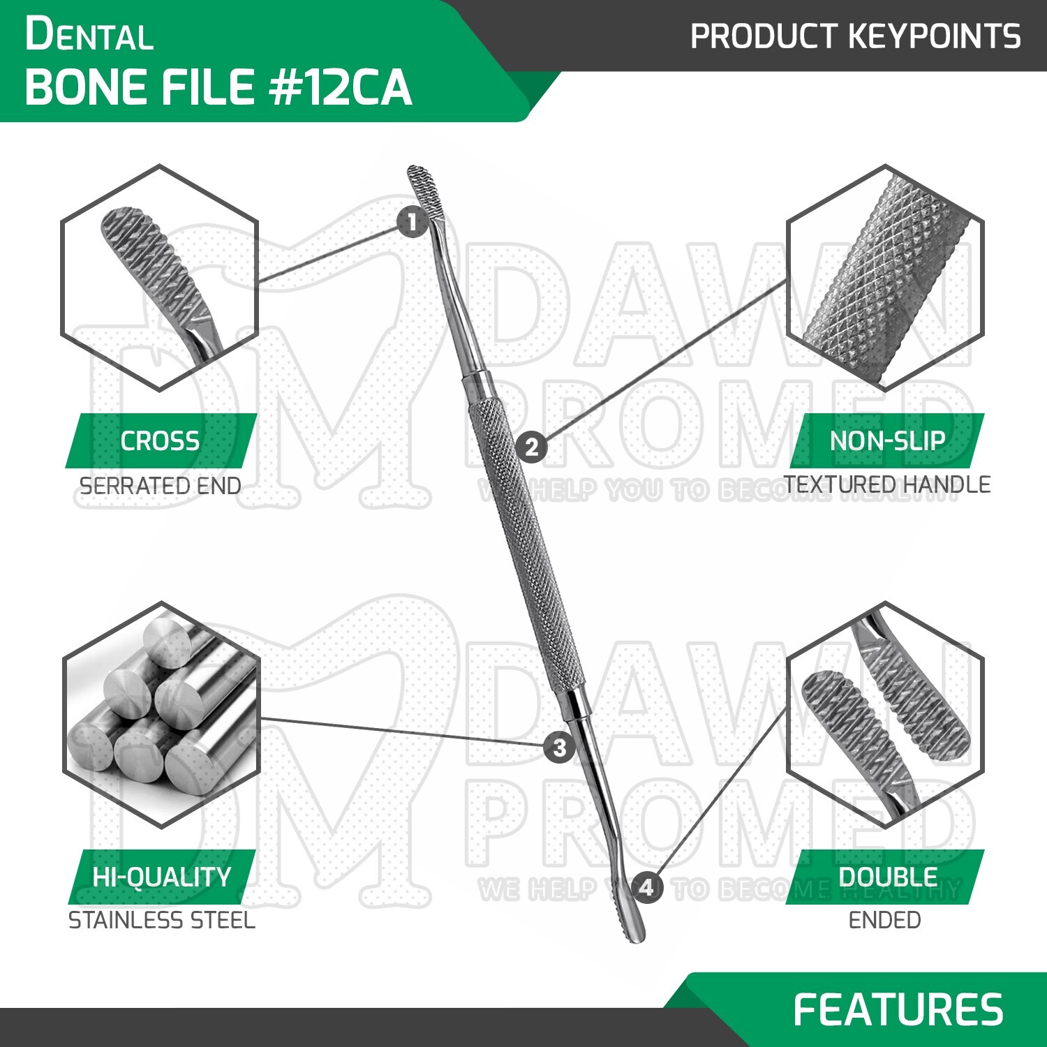 3 Pcs Dental Bone File #12CA Double Ended 7" Surgical Dentist Instruments