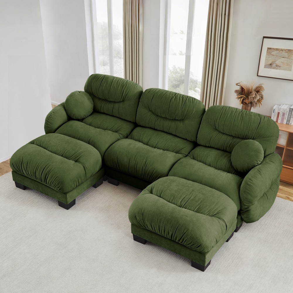 Green Modular Sofa 3 Seater Sectional with Ottomans, Chenille