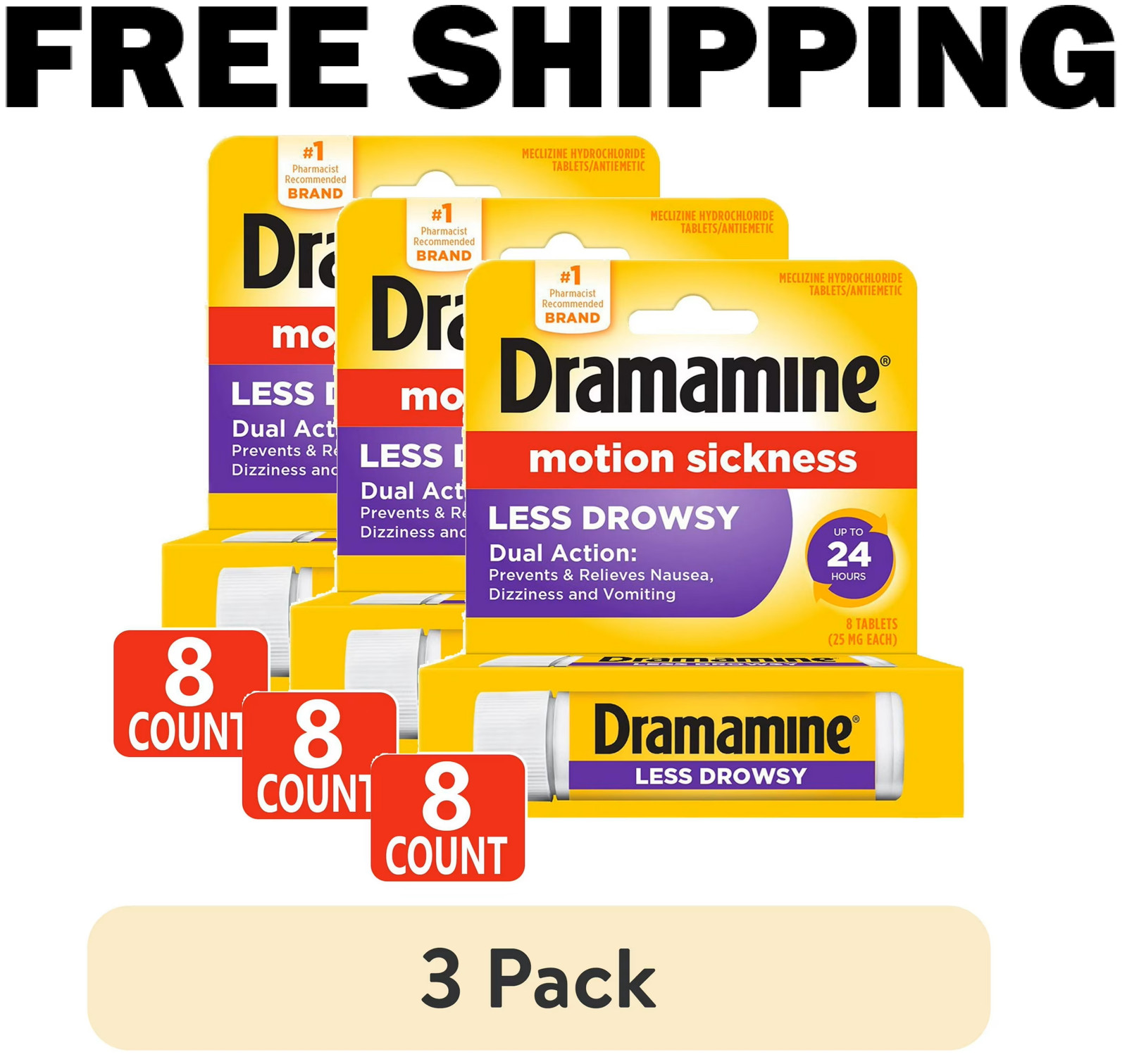 All Day Less Drowsy, Motion Sickness Relief, 8 Count, 3 Pack