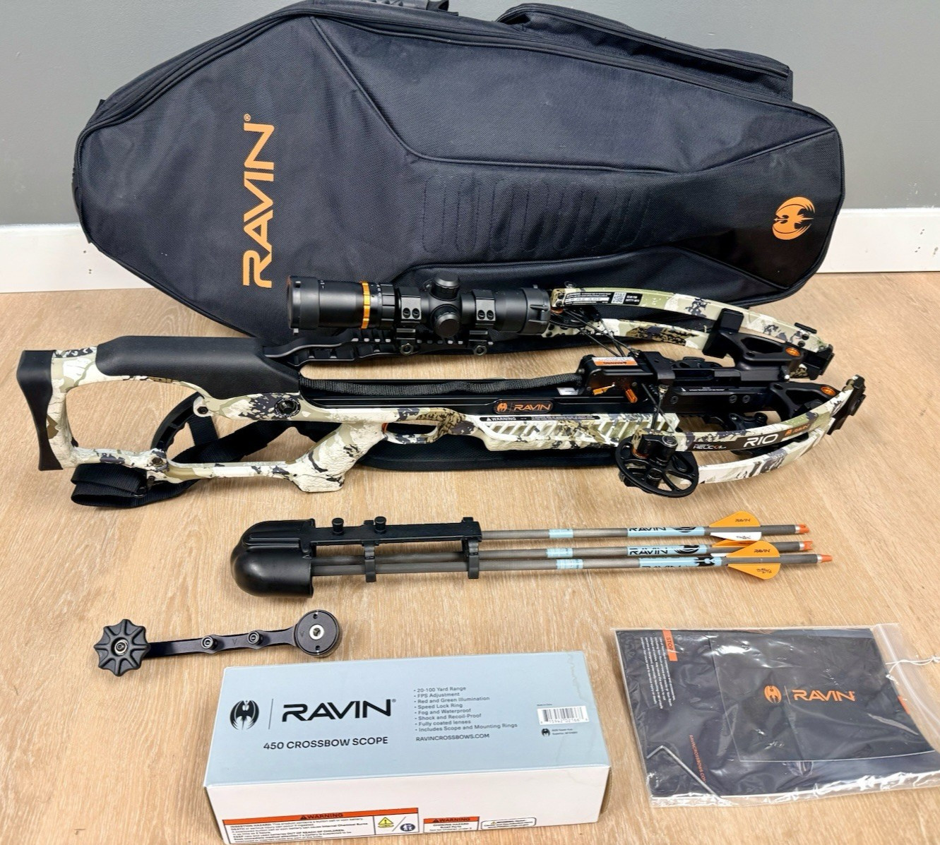 Ravin R10 Predator Camo Crossbow Package 450 Scope Case 3 Arrows Crank Clean