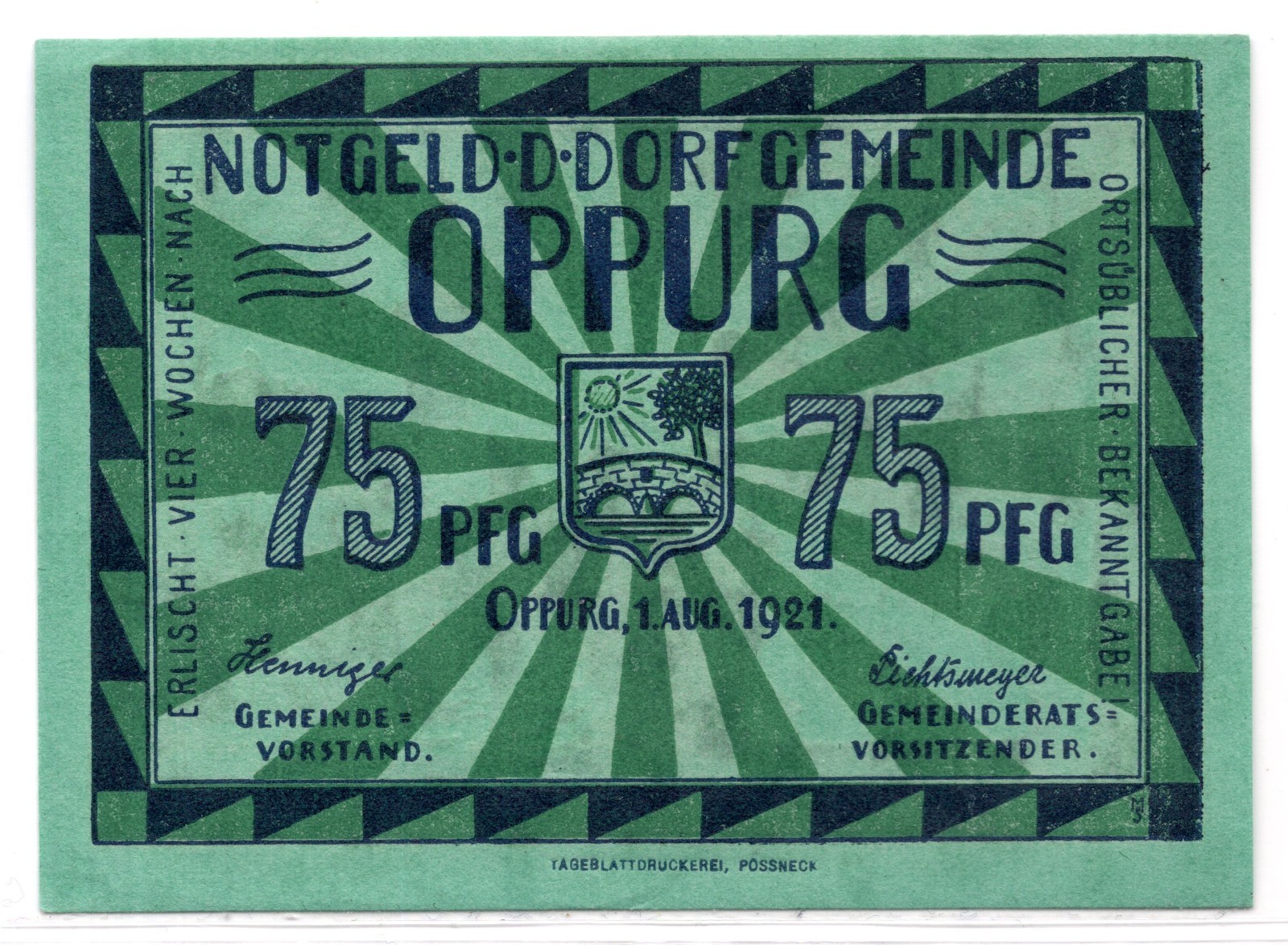 1921 Germany Oppurg Notgeld 75 Pfennig Note (1786)