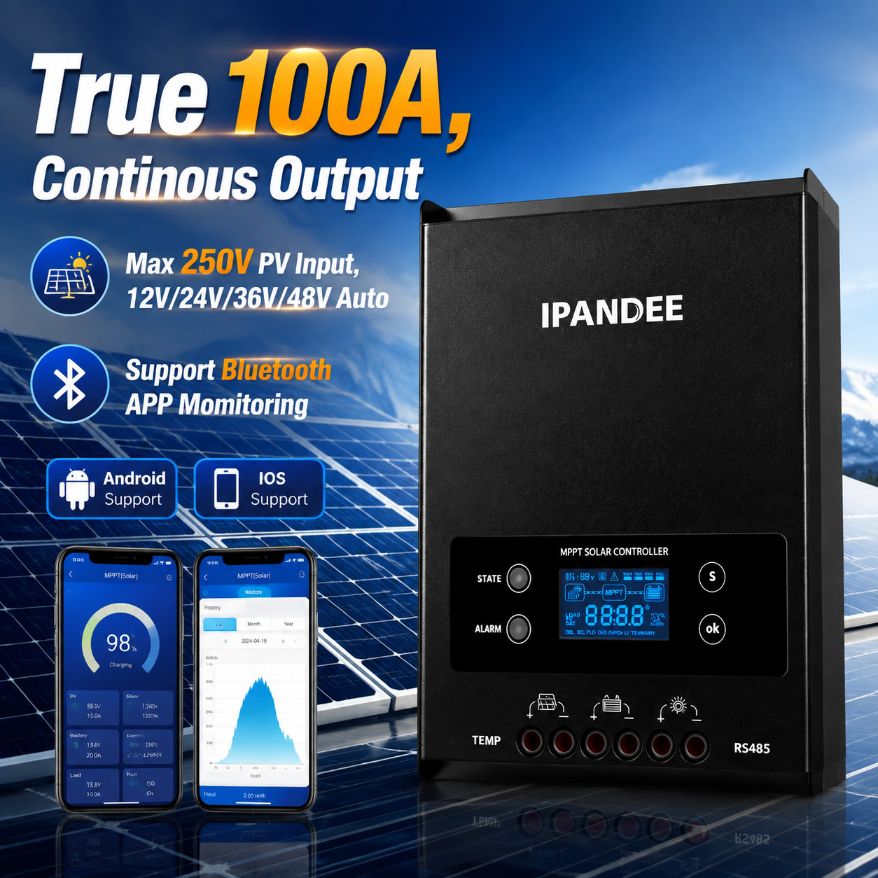 100A (12V/24V/36V/48V) Solar Charge Controller MPPT for LFP,FLD,GEL,AGM Battery