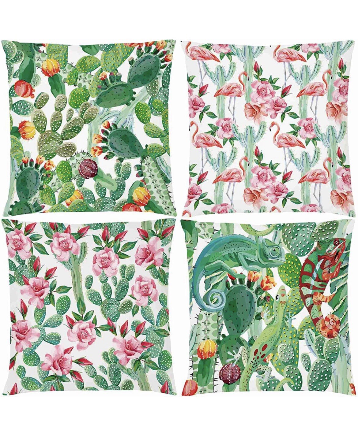 Flamingo Cactus Flowers Pillow Cases Covers Set of 4 17x17 Multi Color Brand New