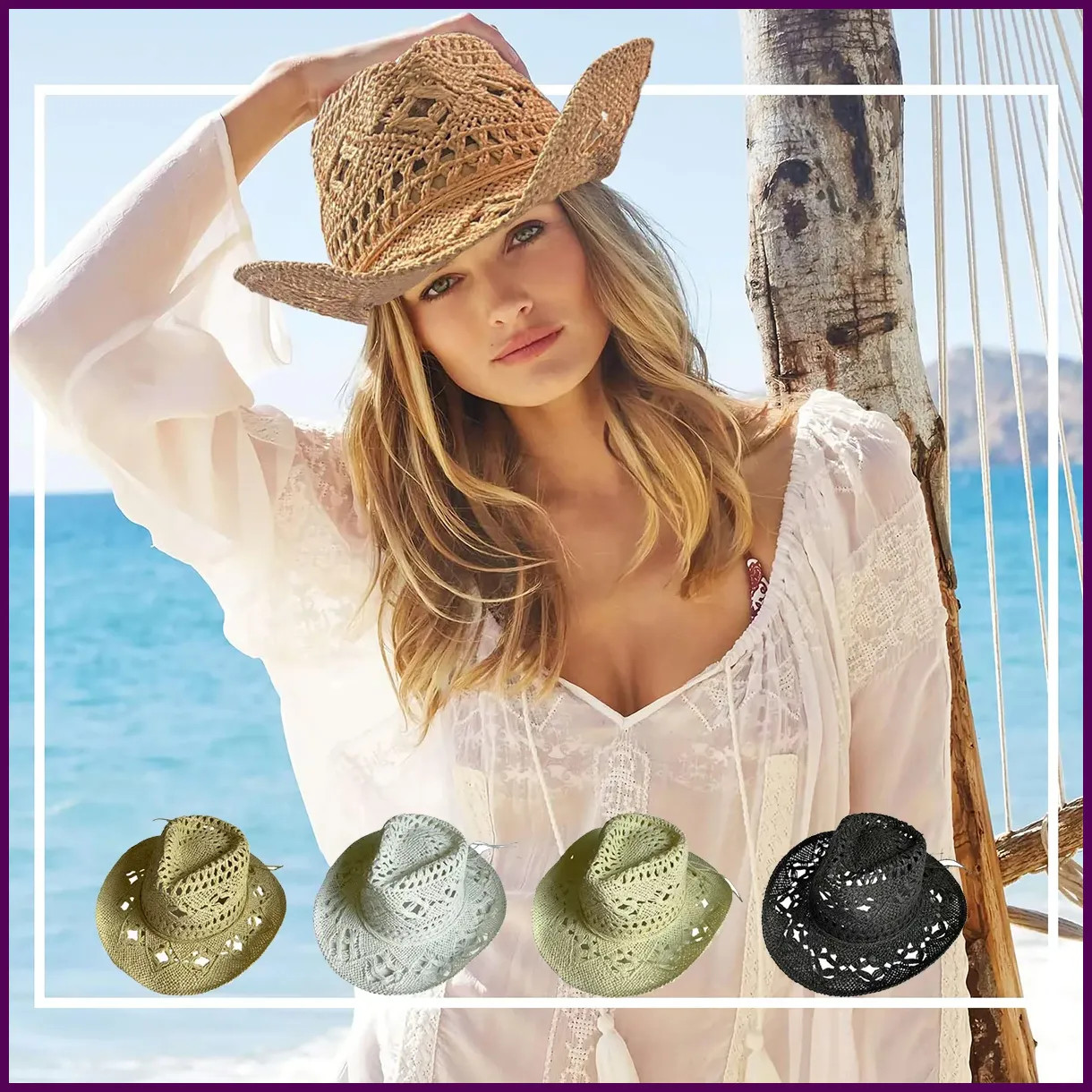 Straw Hats Cowboy Woven Hand knitting Sun Hats Western Cowboy Hats Foldable Roll
