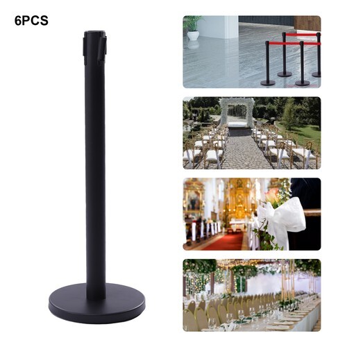 6PCS Black Stanchion Posts Queue Pole Retractable Belts Crowd Control Barrier