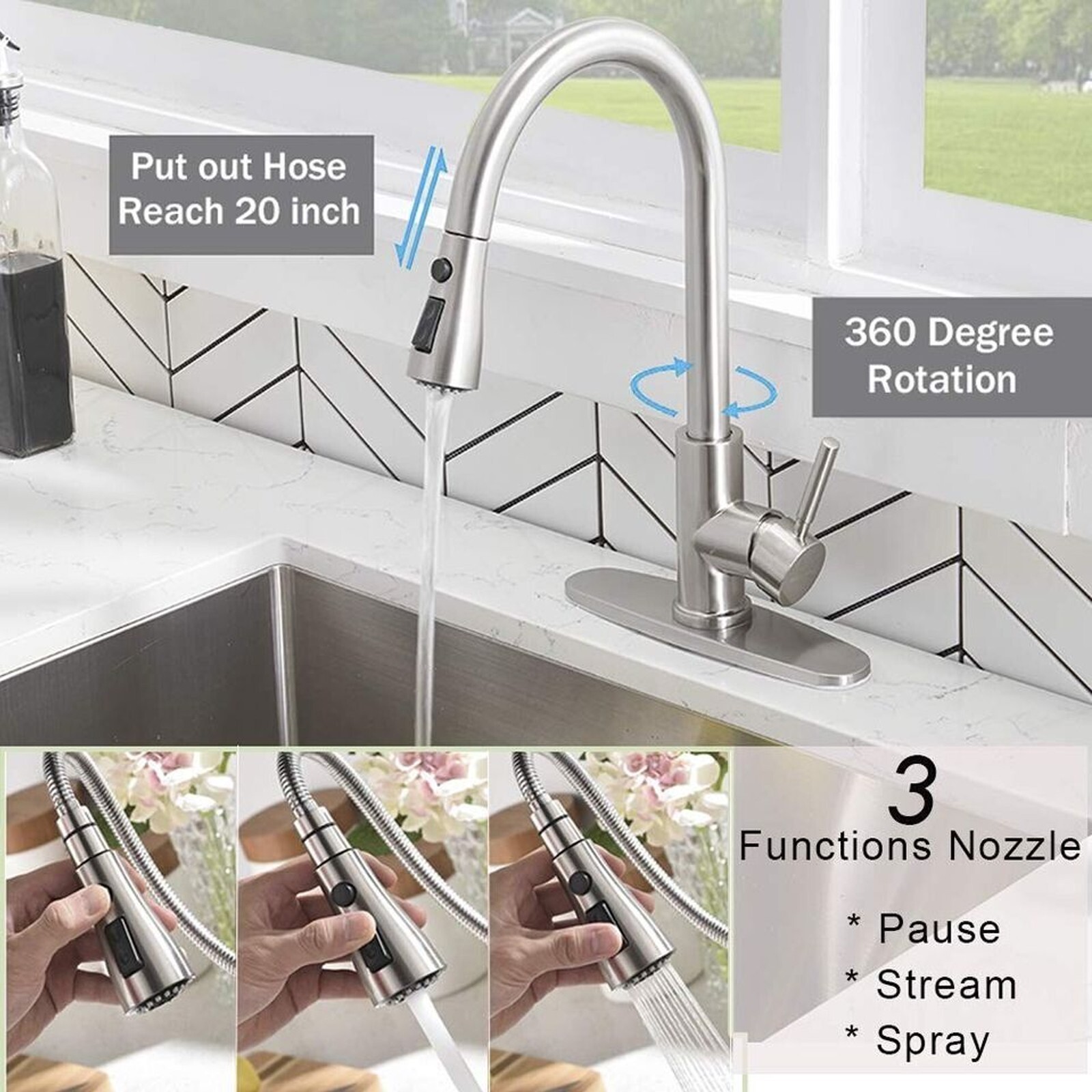 Commercial Kitchen Faucet Pull Down Sprayer Mixer Single Handle Stainless Steel