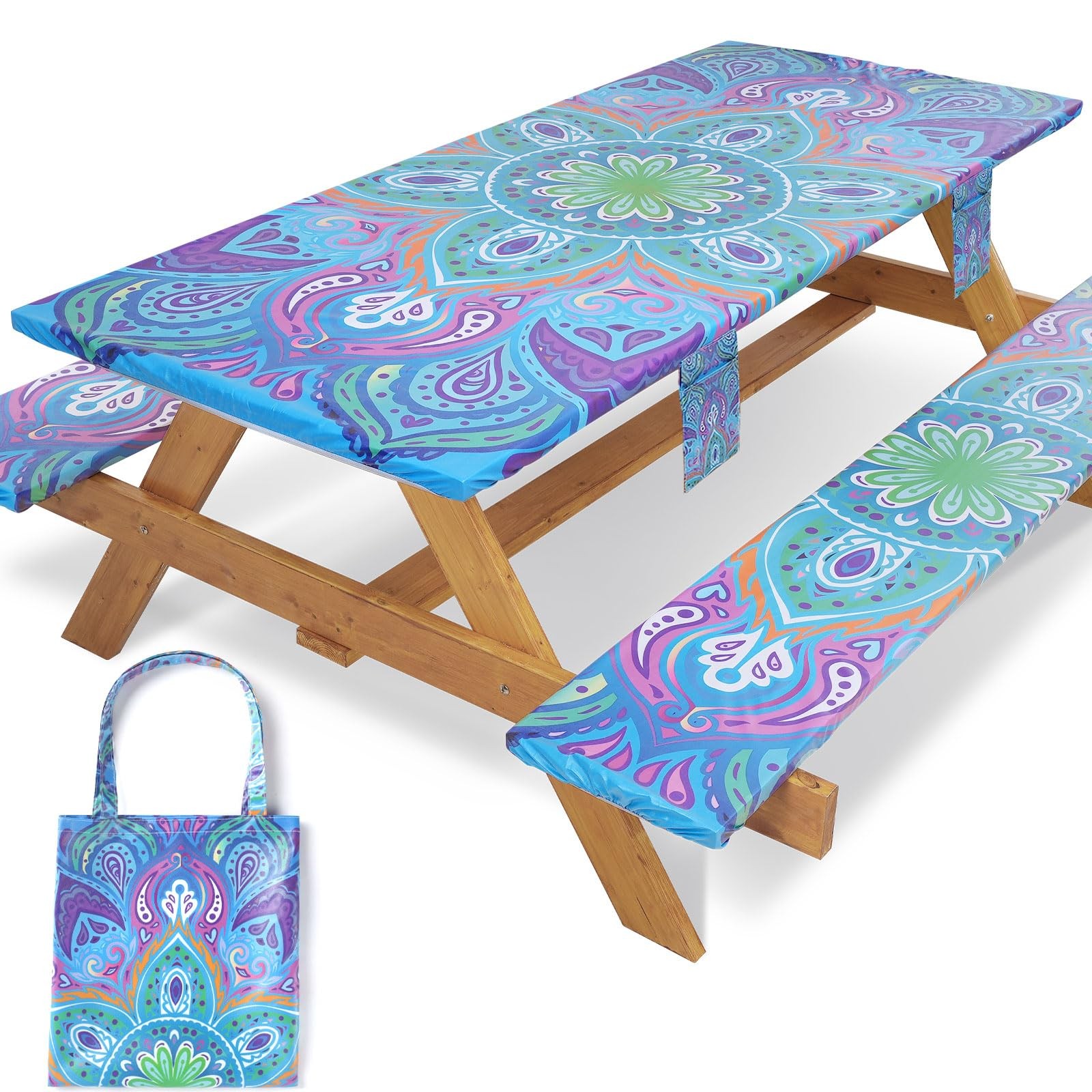 Jobunai Picnic Table Cover with Bench Covers Fitted 72*30Inch, Blue Bohemia