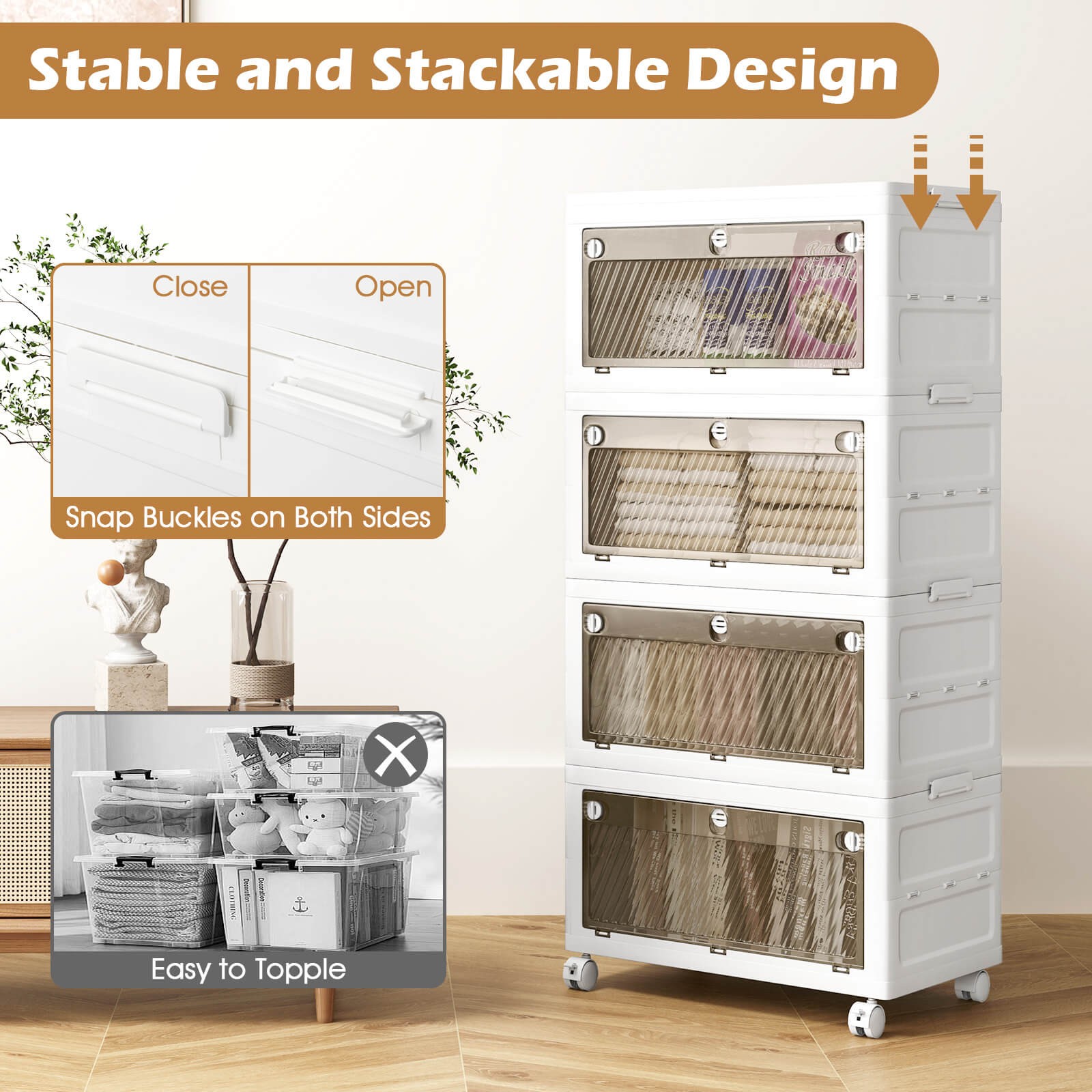 4-Tier Stackable Storage Bins 44-gal Collapsible Storage Boxes w/ Lid Organizer