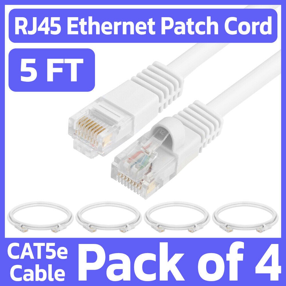 4 Pack White Cat5e Ethernet Patch Cable 5ft RJ45 Network Cord LAN Internet Wire