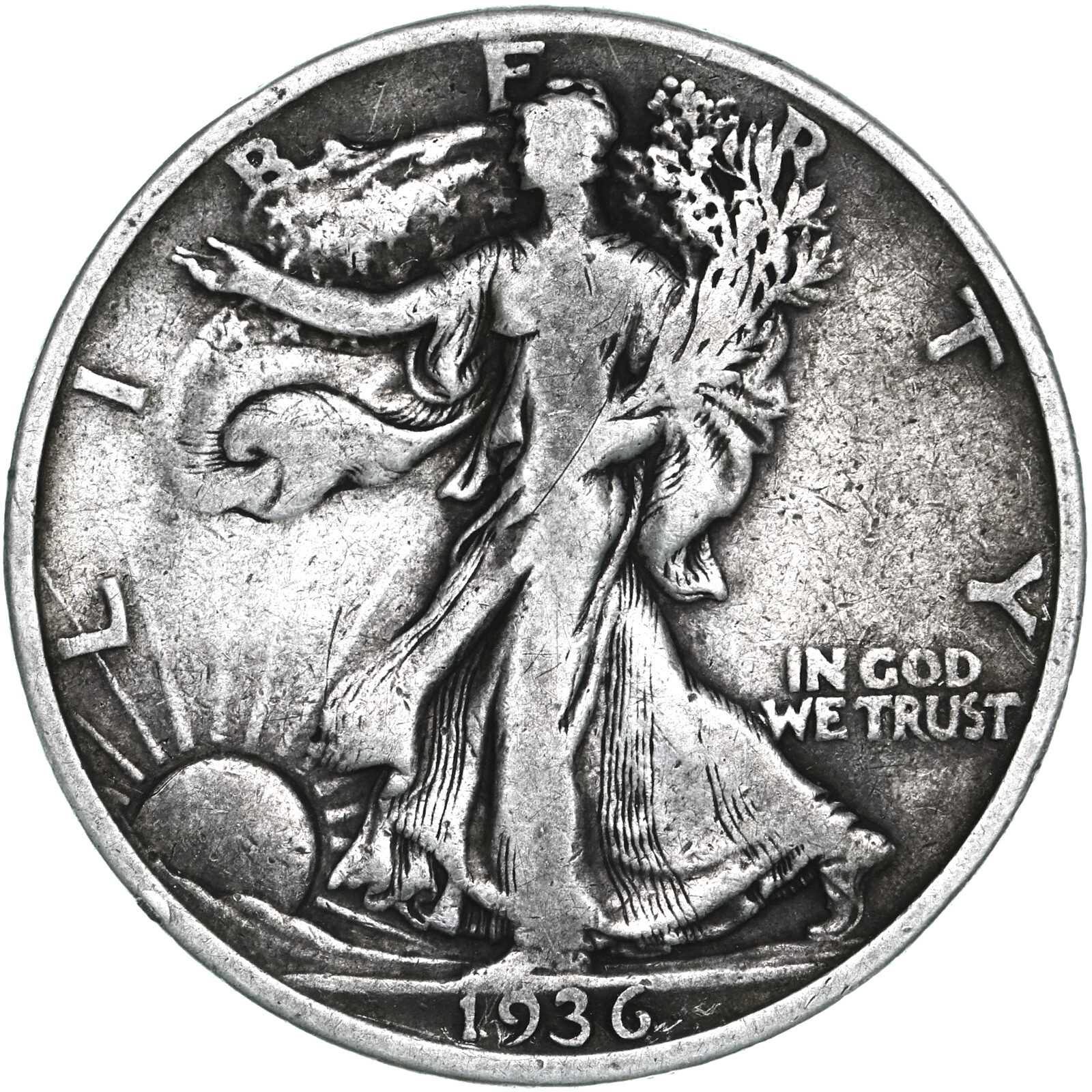 1936 (P) Walking Liberty Half Dollar 90% Silver Fine FN