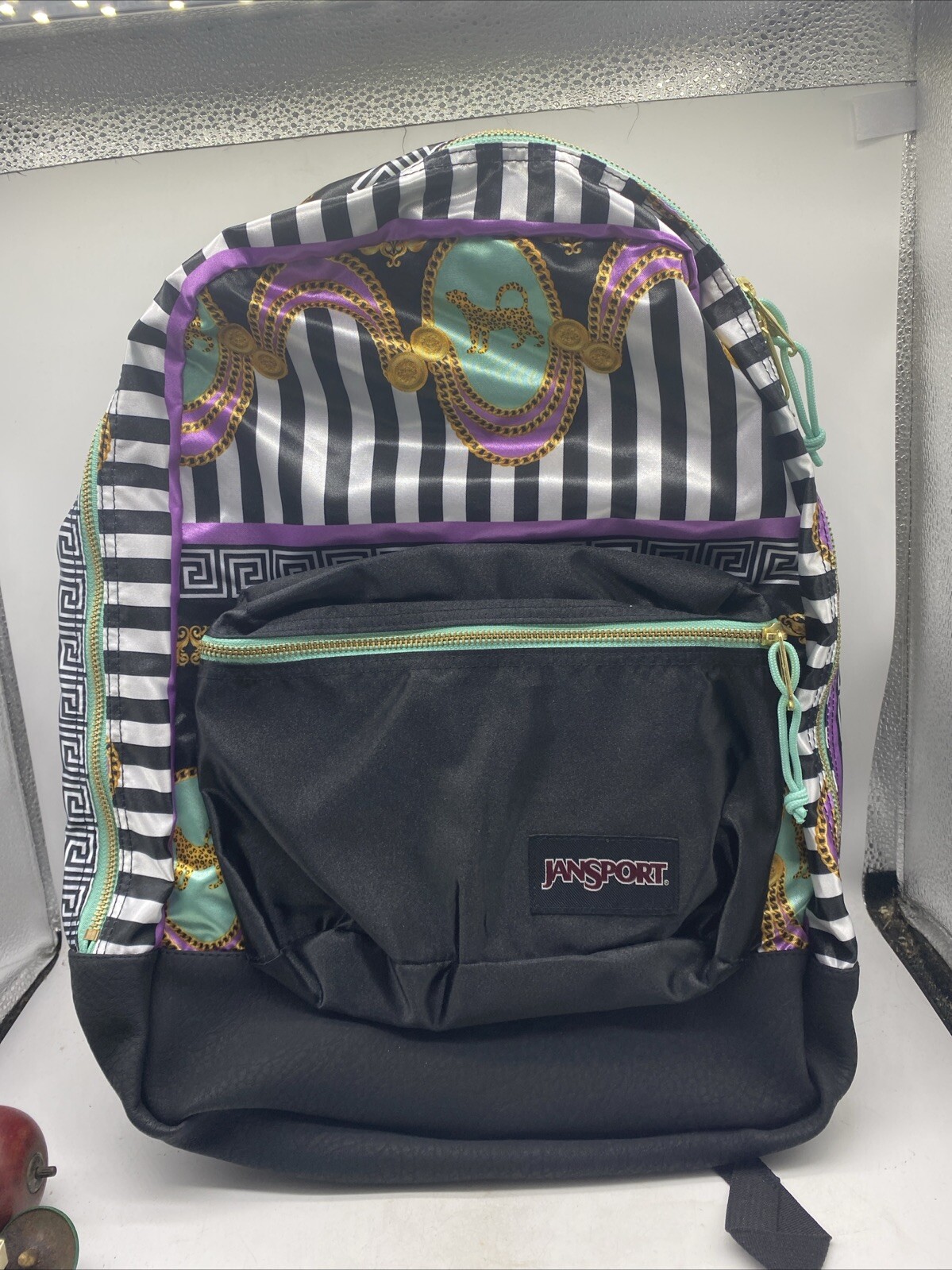 Jansport Backpack Super Livin Lavish leopard Print Satin look Luxe Glam Chains J