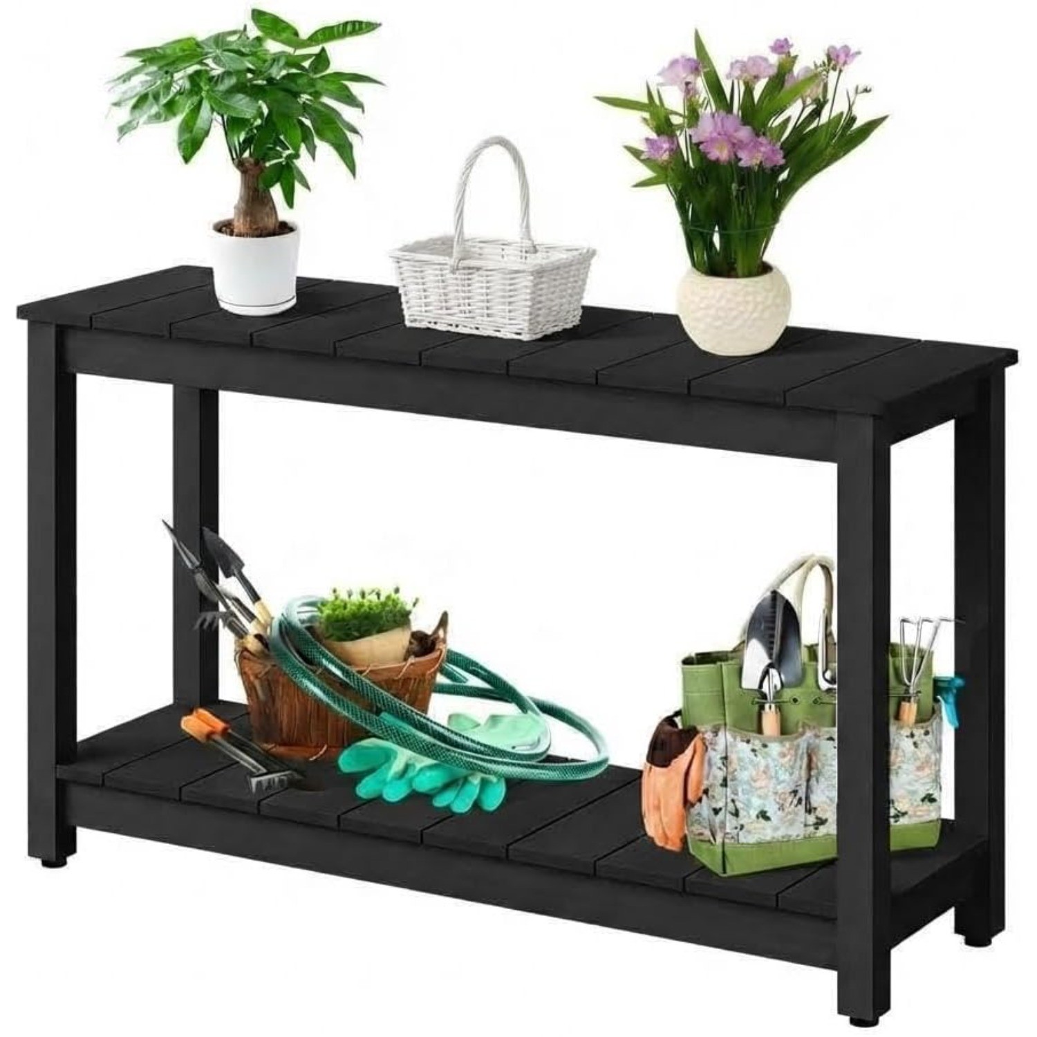 48 Inch Outdoor Console Table Wooden All-Weather 2-Tier Shelf Buffet Table