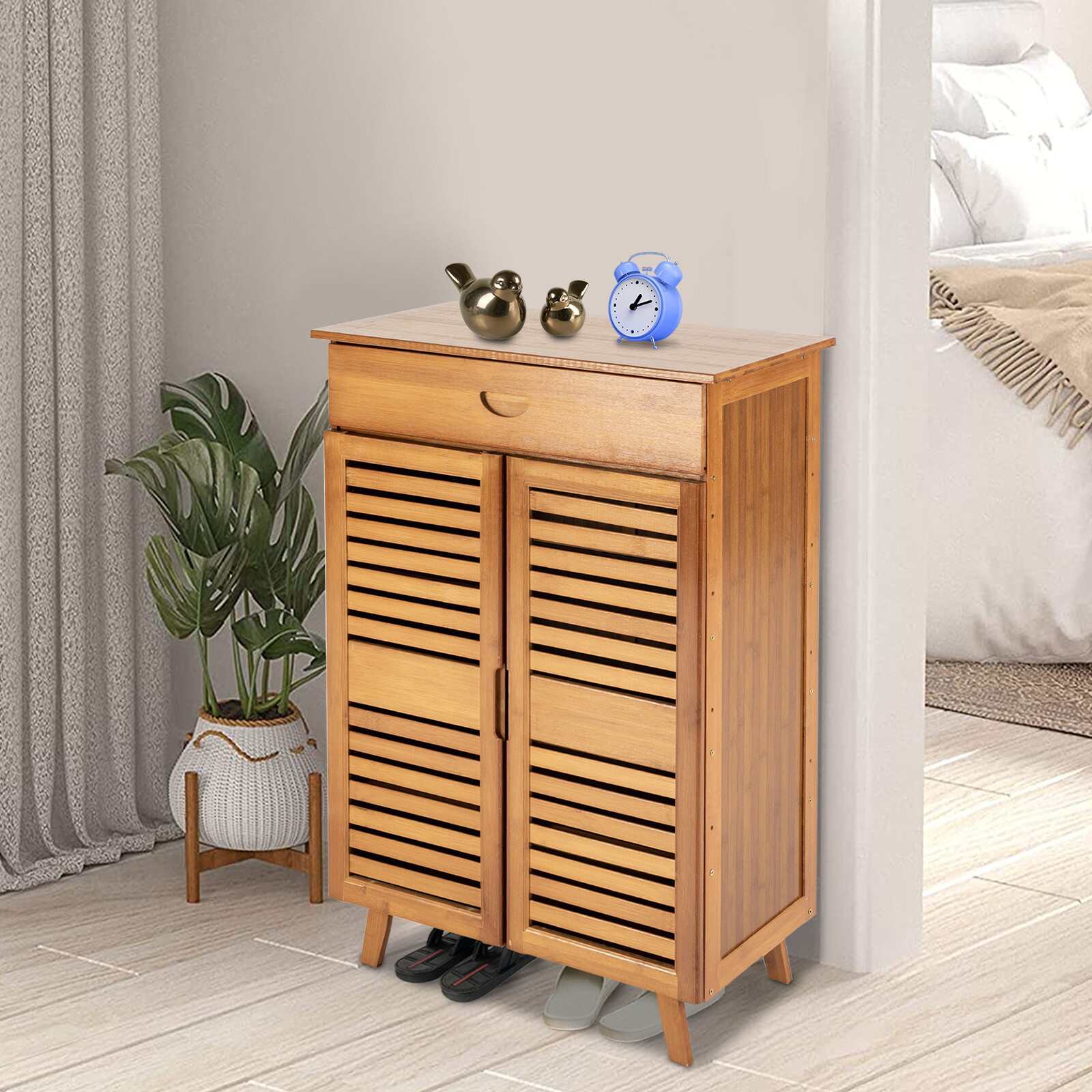 4-Tiers Bamboo Shoe Cabinet Entryway Hallway Rectangular Shoe Storage Cabinet