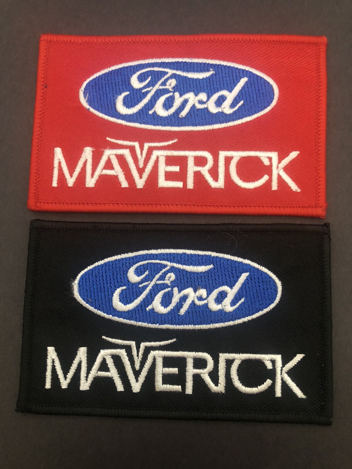 2 FORD MAVERICK SEW/IRON PATCH EMBROIDERED 2.5 INCH BLACK RED TRUCK COMET CLUB
