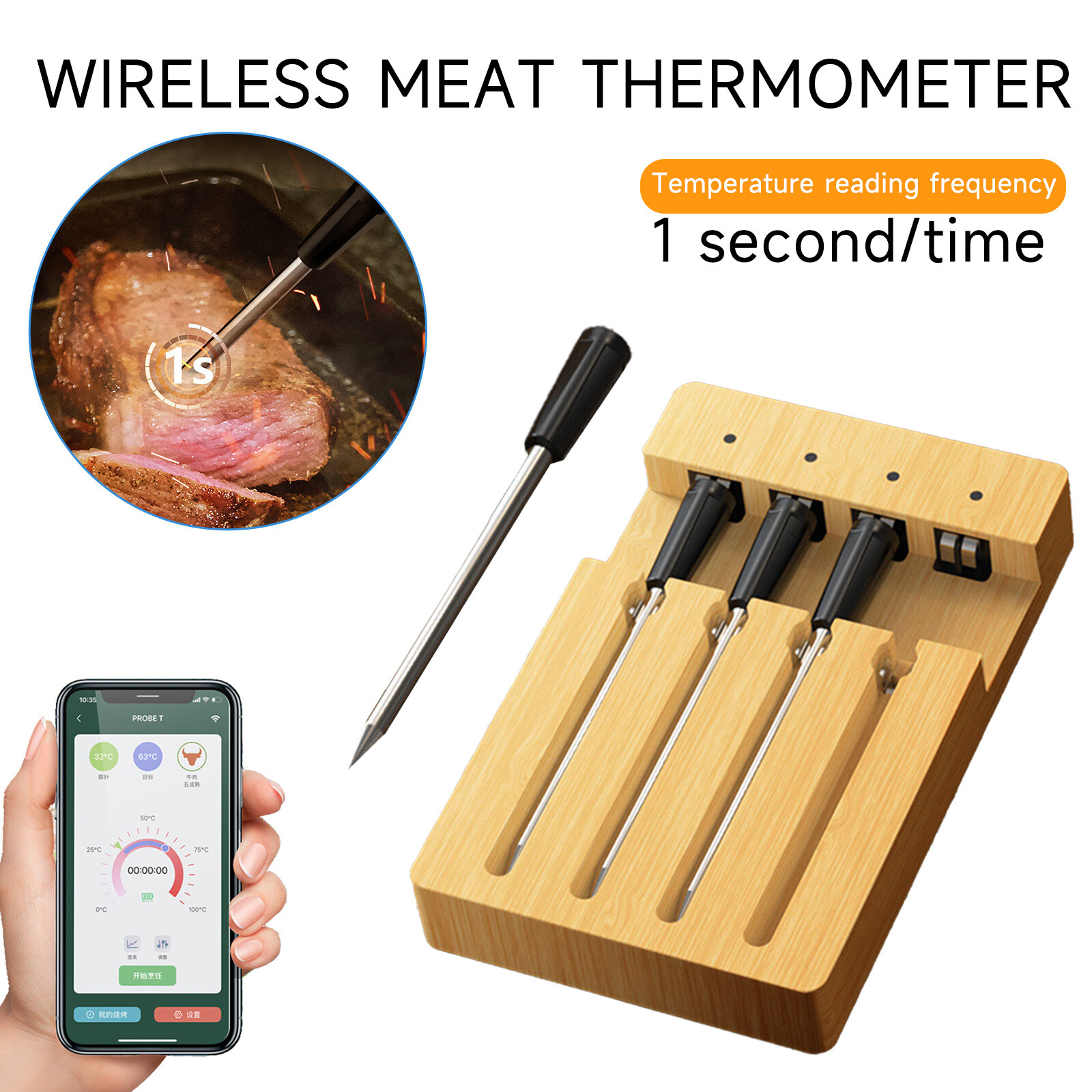 Wireless 4 Probe Digital Bluetooth Smart Meat Thermometer For Oven Grill BBQ