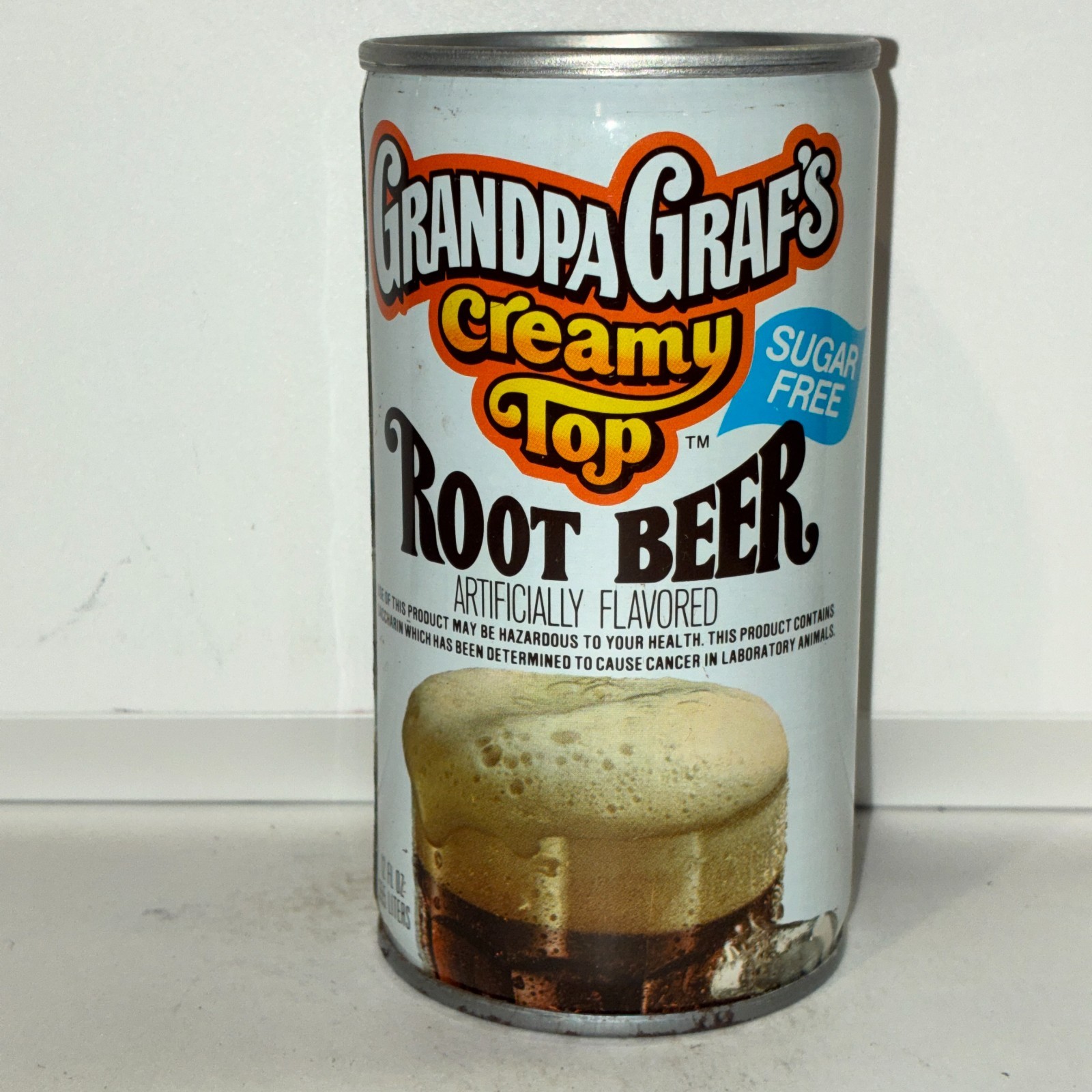 Grandpa Graf's Sugar Free Root Beer soda can, bottom opened