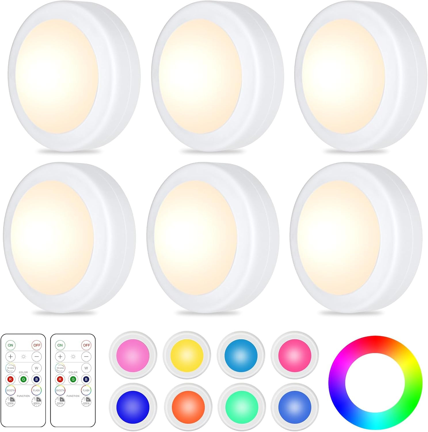 6 Pack LED Puck Lights Remote Control 16 Color Changeable under Cabinet Lights,