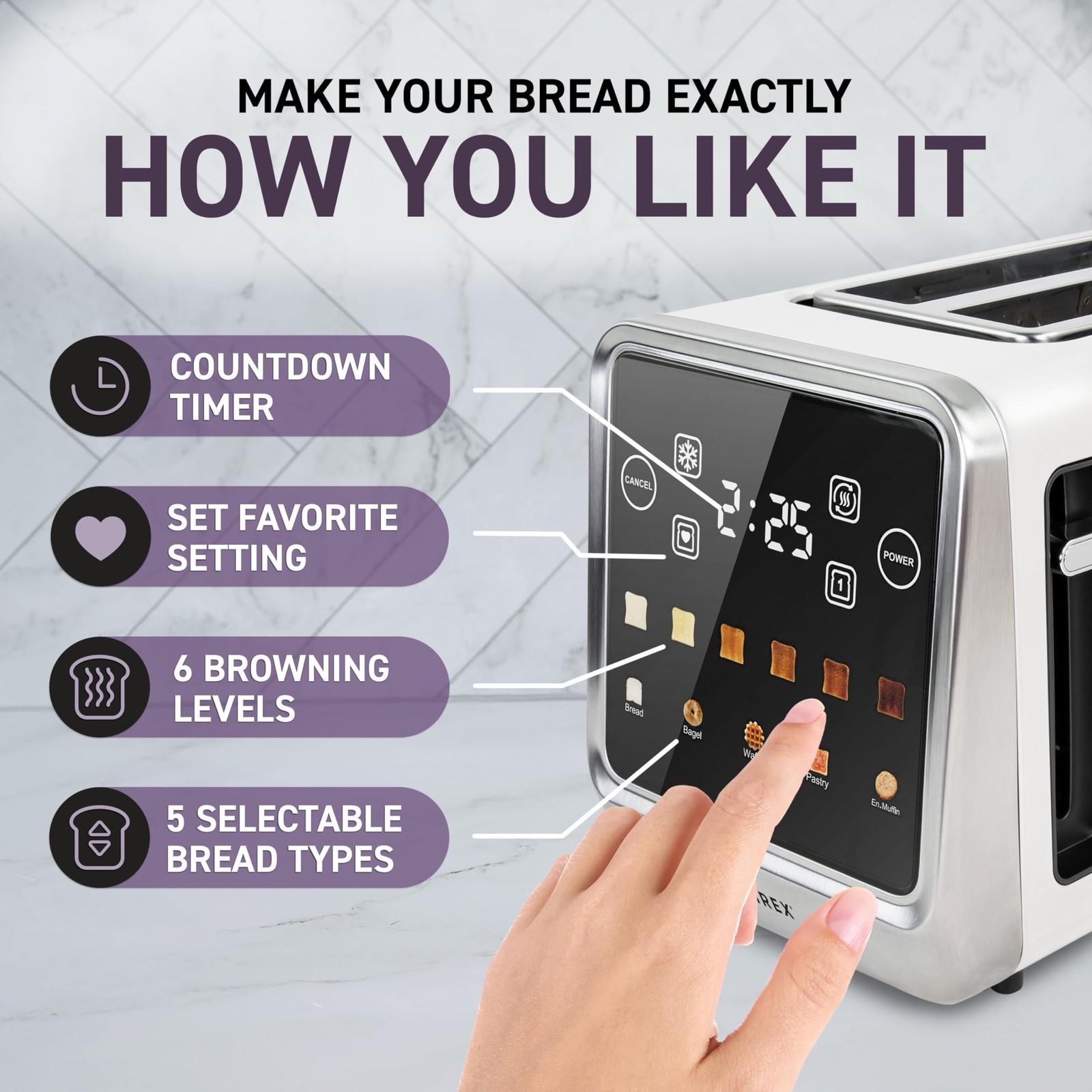 Inspirex Touch Screen Toaster - 2 Extra Wide Slots - 5 Bread Types and 6 Brownin