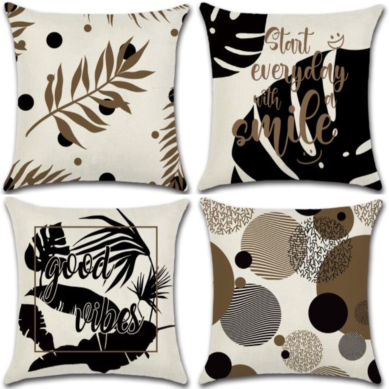 Set of 4 Pillow Covers 18x18, Large Leaves Good Vibes Pattern Style Linen Fabric