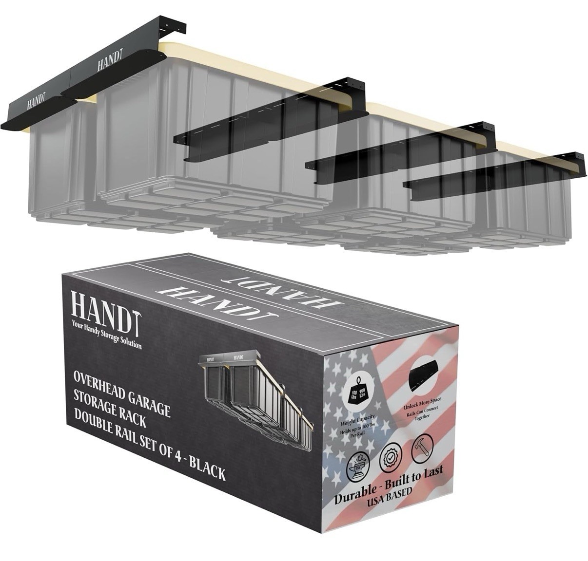 HANDT Overhead Garage Storage Rack System, 4 Sets, Heavy Duty, Expandable, Black