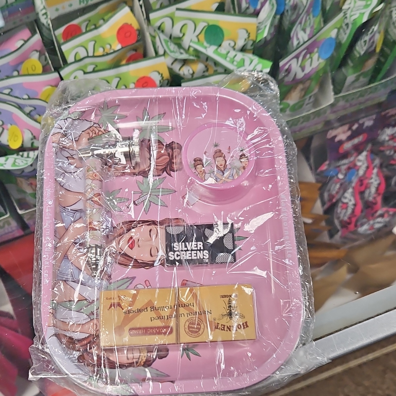 Pink Rolling Tray Set w/ Silver Screens Tube, Metal Pipe & Hemp Papers