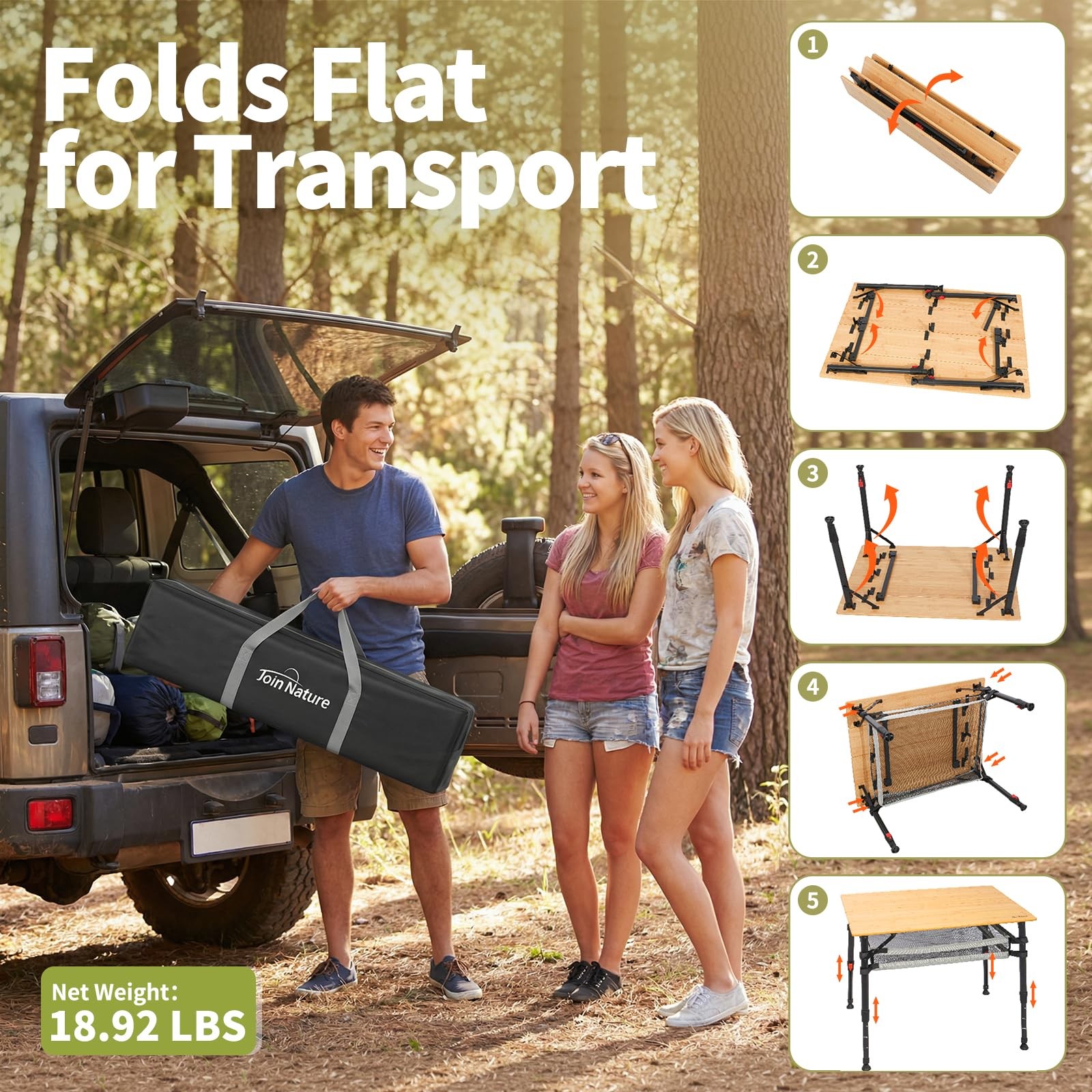 39.4'' Large Bamboo Camping Table, Adjustable Height Folding Outdoor Table wi...
