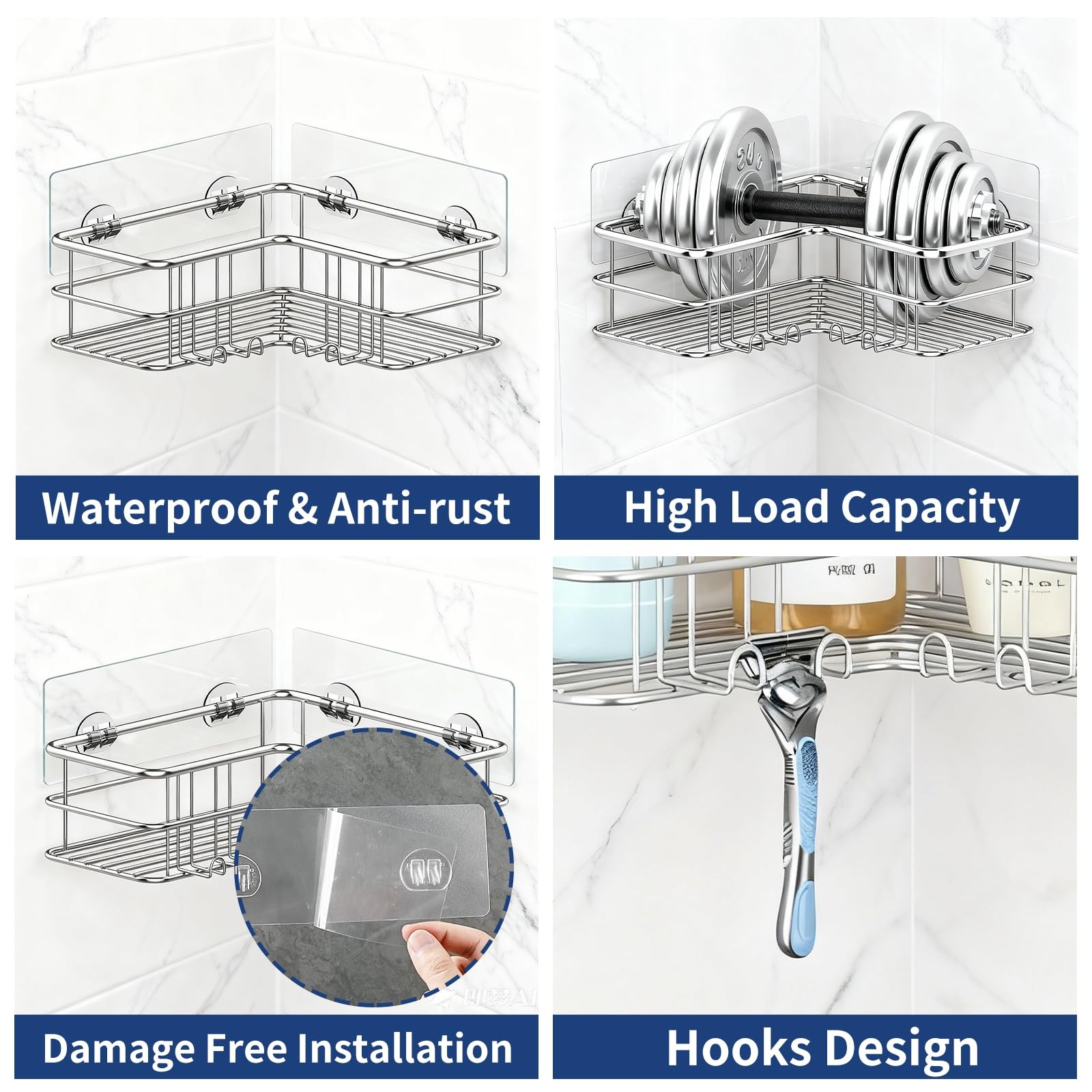 Menbyci 2 Pack Corner Shower Caddy, Adhesive Bathroom Shelf 2 packs, Silver