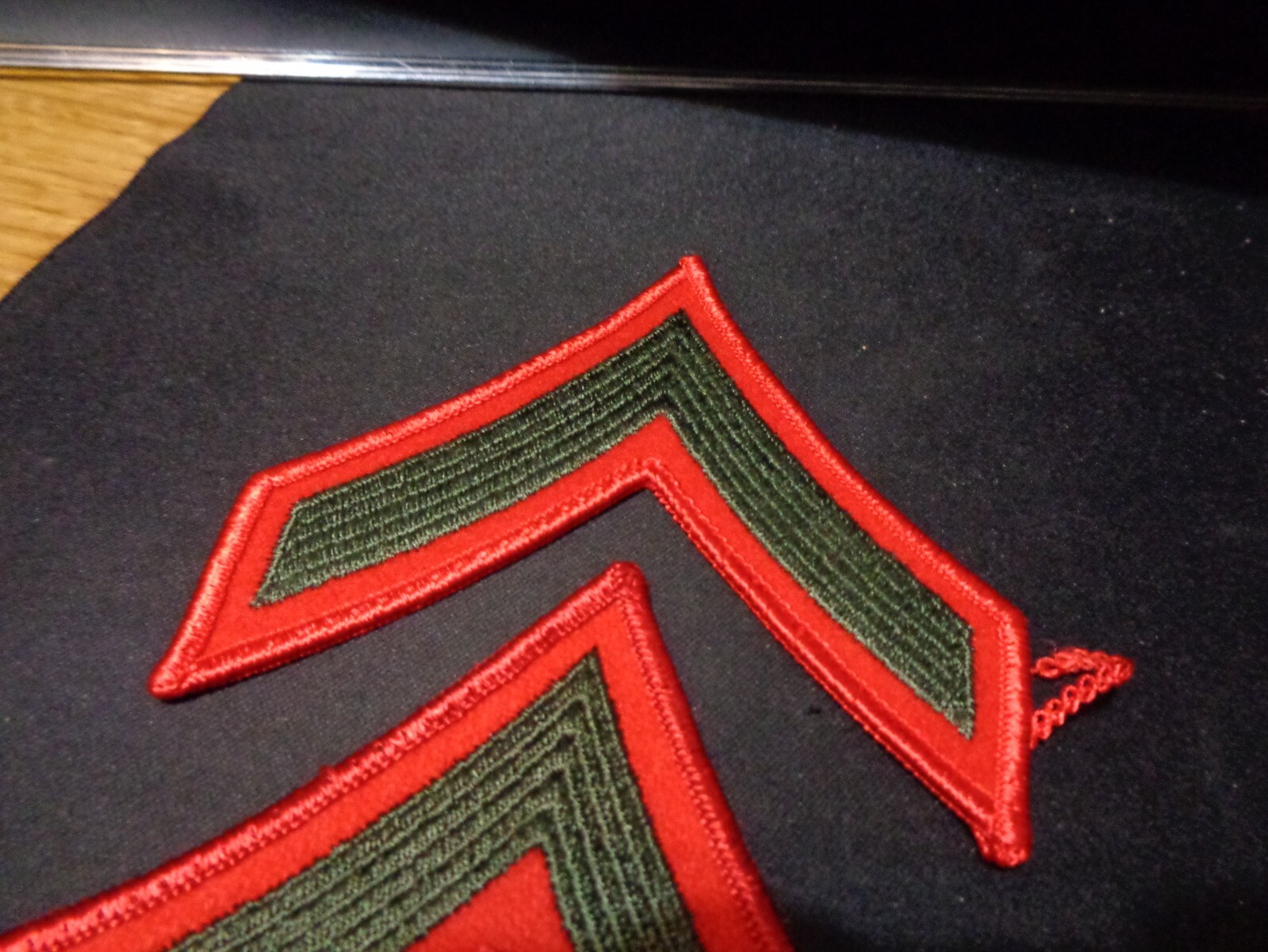 USMC Private First Class PFC E2 Chevrons PATCH set Green on Red Service Alpha