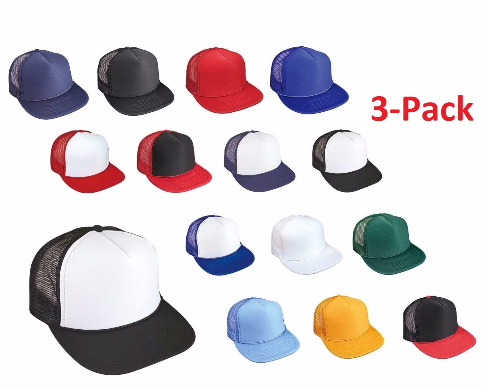 3 PACK Flat Bill Snapback Hats Foam Front Mesh Trucker Classic Caps Adjustable