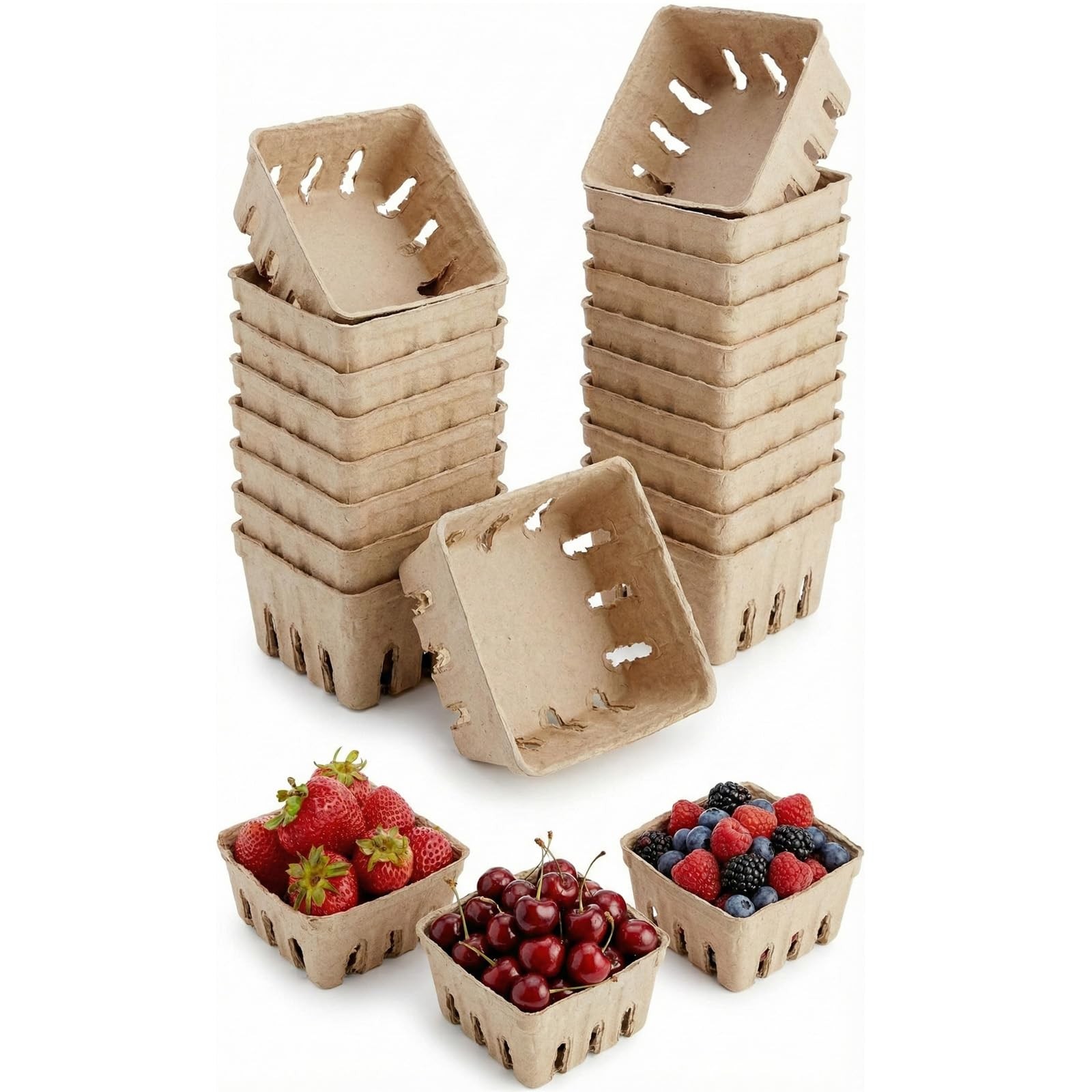 15 Pack Natural Pulp Fiber Berry Basket, Small Vented Produce Baskets
