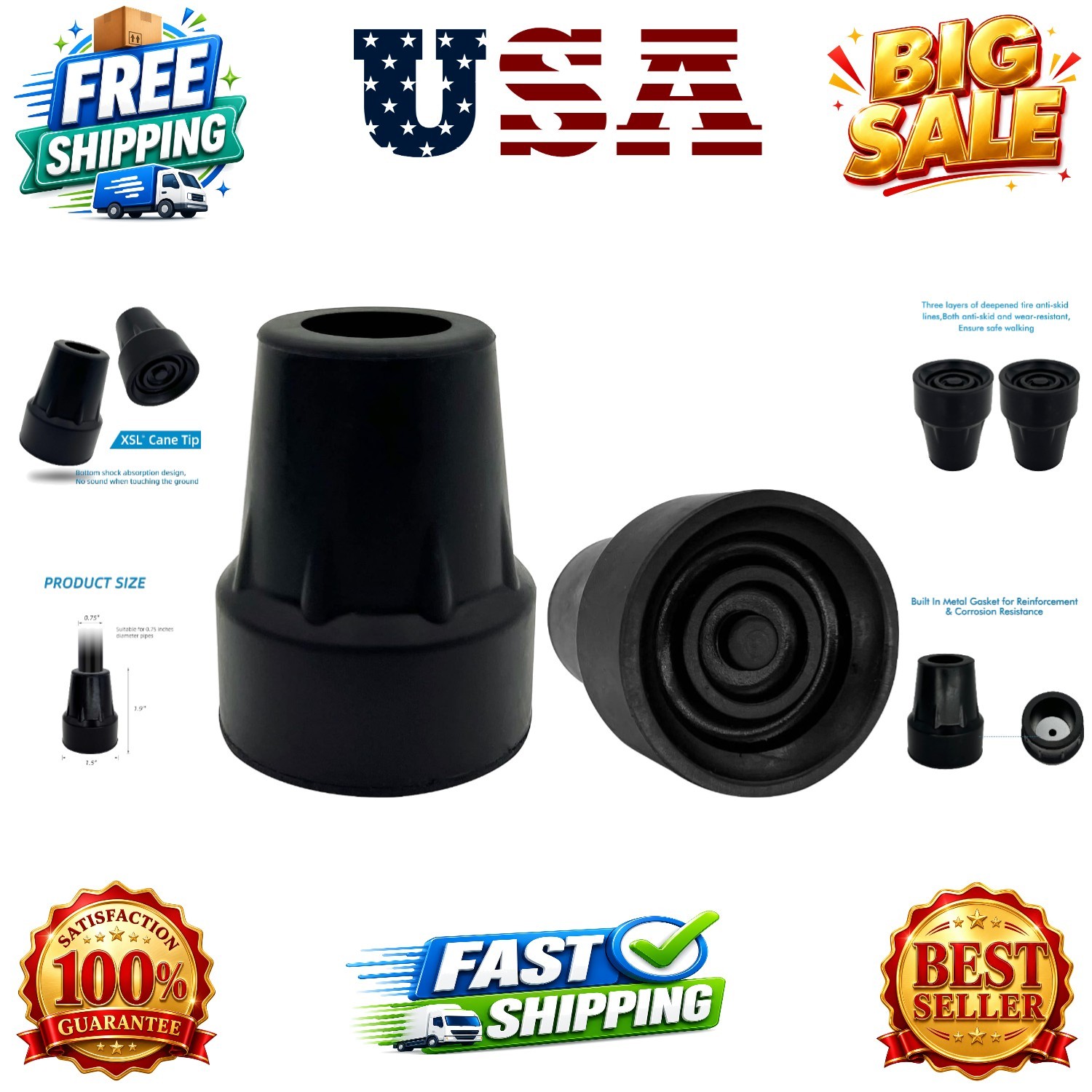 Replacement Cane Tips, 3/4 Inch, Black.