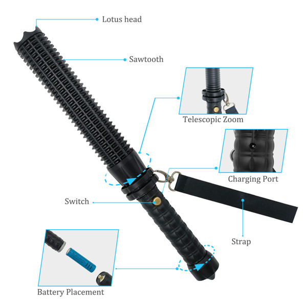 USB Rechargeable LED Flashlight Retractable Torch 3-Mode Zoomable Security Light