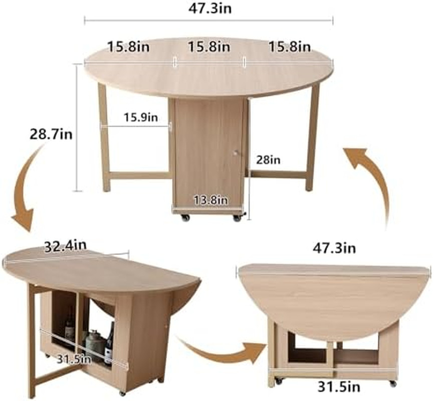 Wood round Folding Dining Table with 4 Chairs, 47.3" Space Saving Foldable Dinin