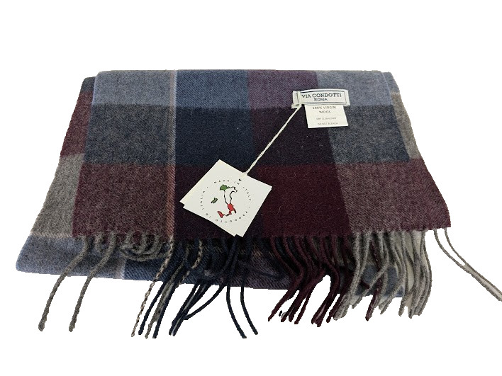 Via Condotti Roma 100% Virgin Wool Plaid Fringe Scarf Navy Gray 13" x 66" NWT