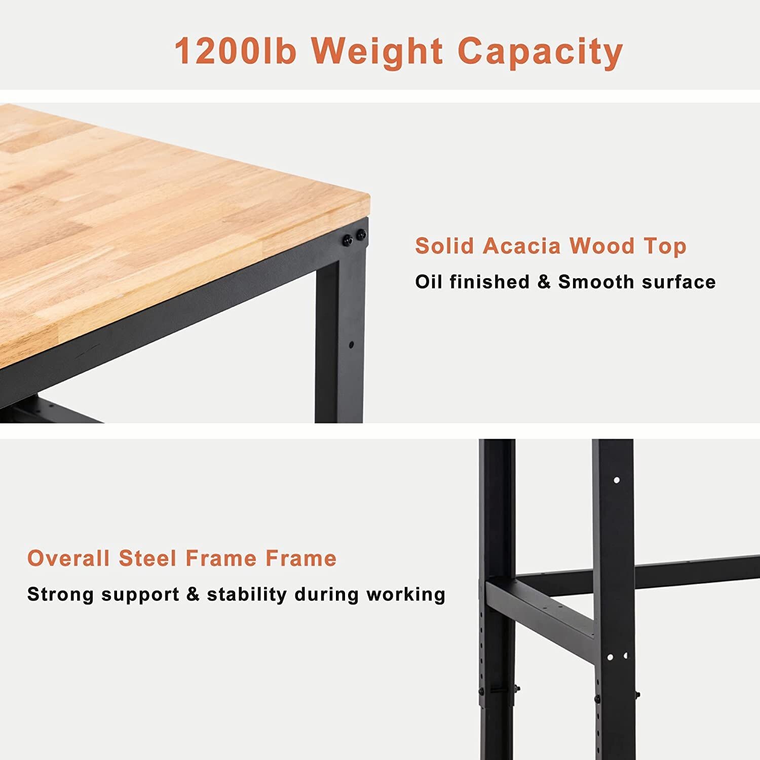 Mcombo 48" Adjustable Workbench with Oak Wood Top, Overall Steel Frame Worktable
