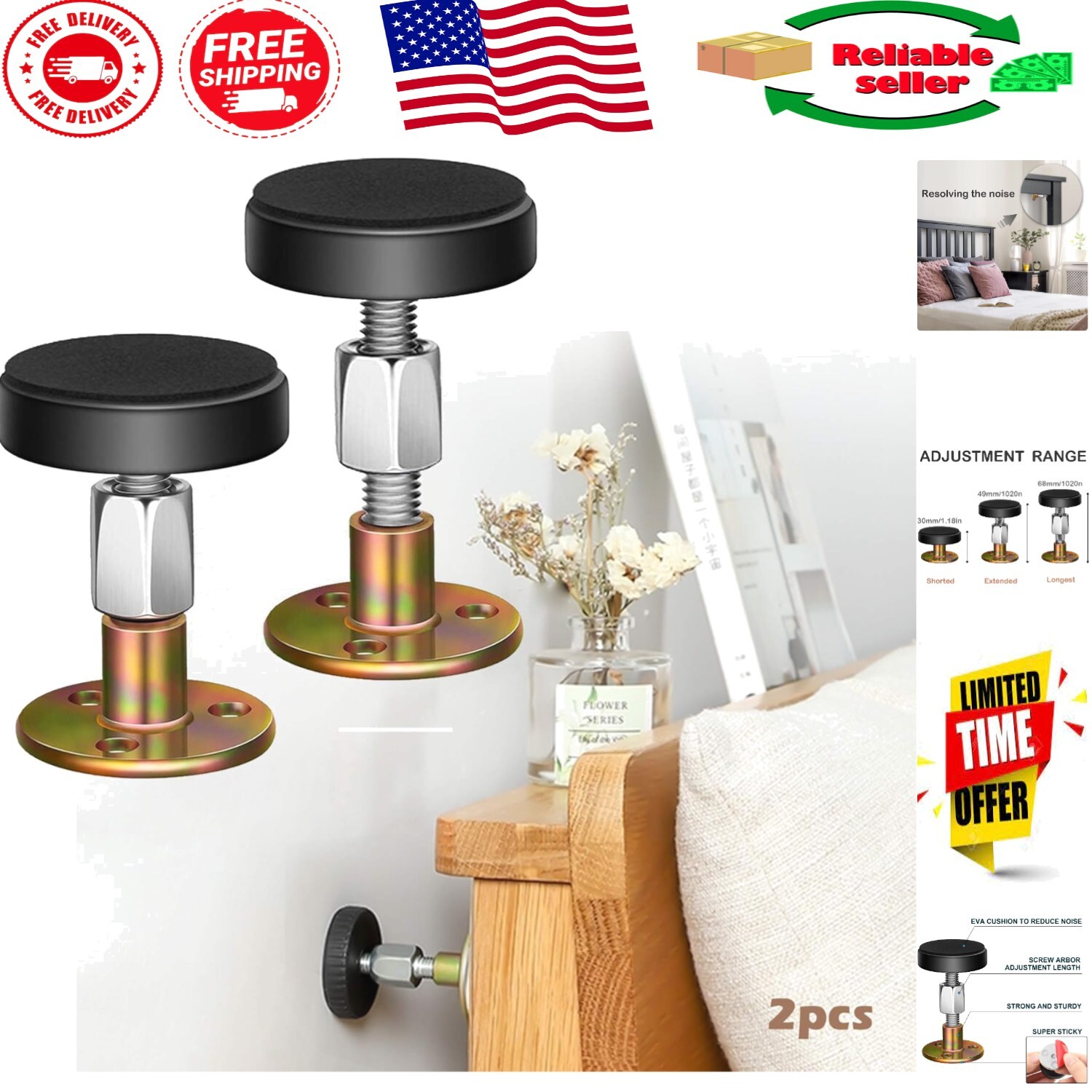 Easy Install Adjustable Bed Frame Anti-Shake Stoppers, Wall Protection 30-64mm
