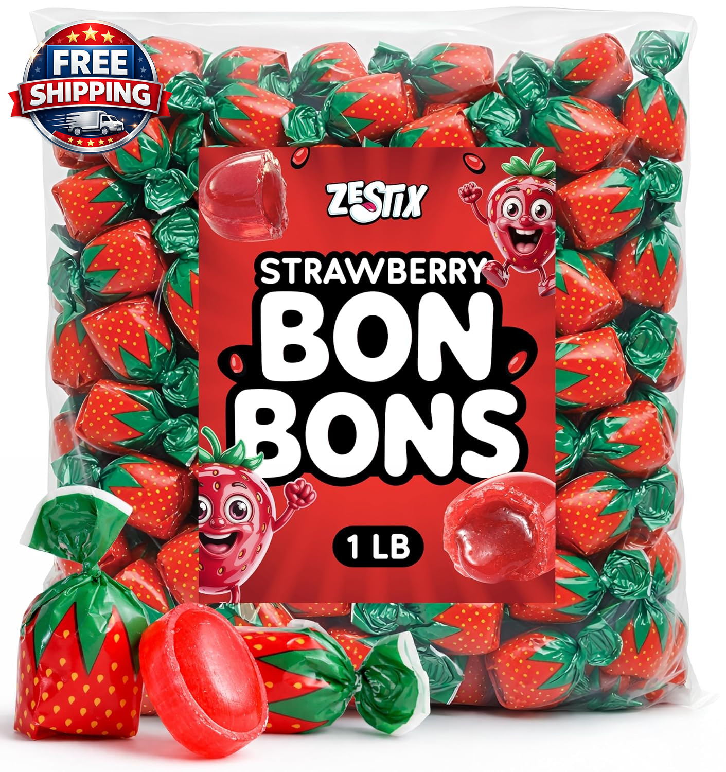 Strawberry Bon Bons Hard Candy, 1LB Bulk Bag – Individually Wrapped Old Fashione