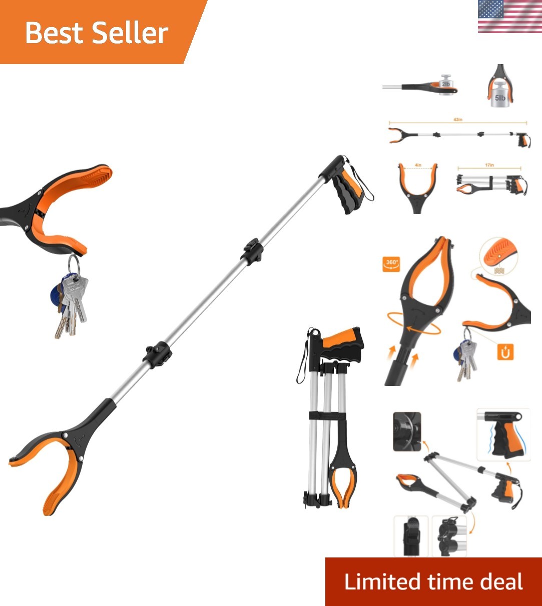 43" Extra Long Grabber Tool, Foldable Grabbers for Elderly Grab It Reaching T...