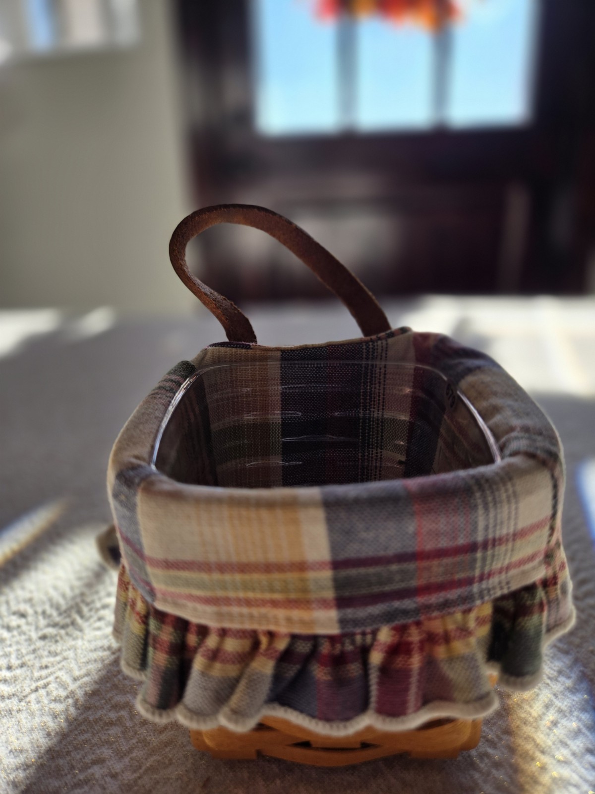 Longaberger 1999 Small Plaid Lined Basket 1 Leather Handle