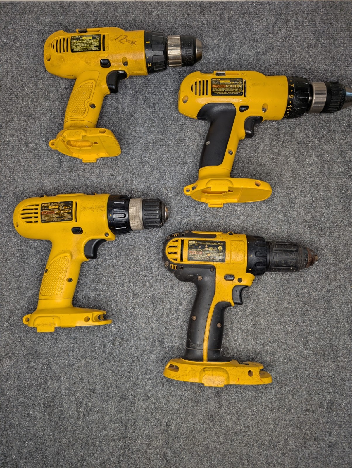 Lot Of 4 DeWalt Hand Drills DC720 DW928 DW990 DW953 One Phillips Bit /No Battery