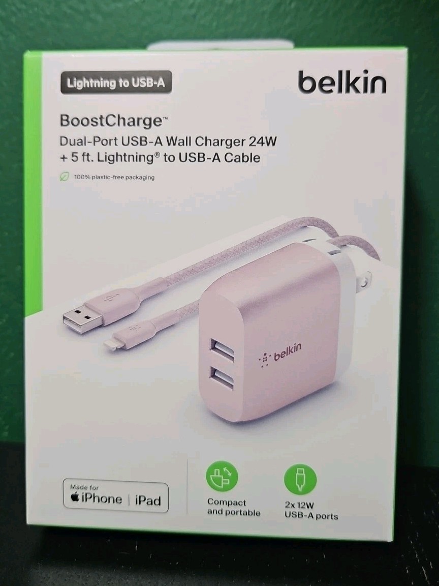 Belkin BoostCharge Dual Port USB Wall Charger 24W + 5FT MFI Apple Cable - Pink