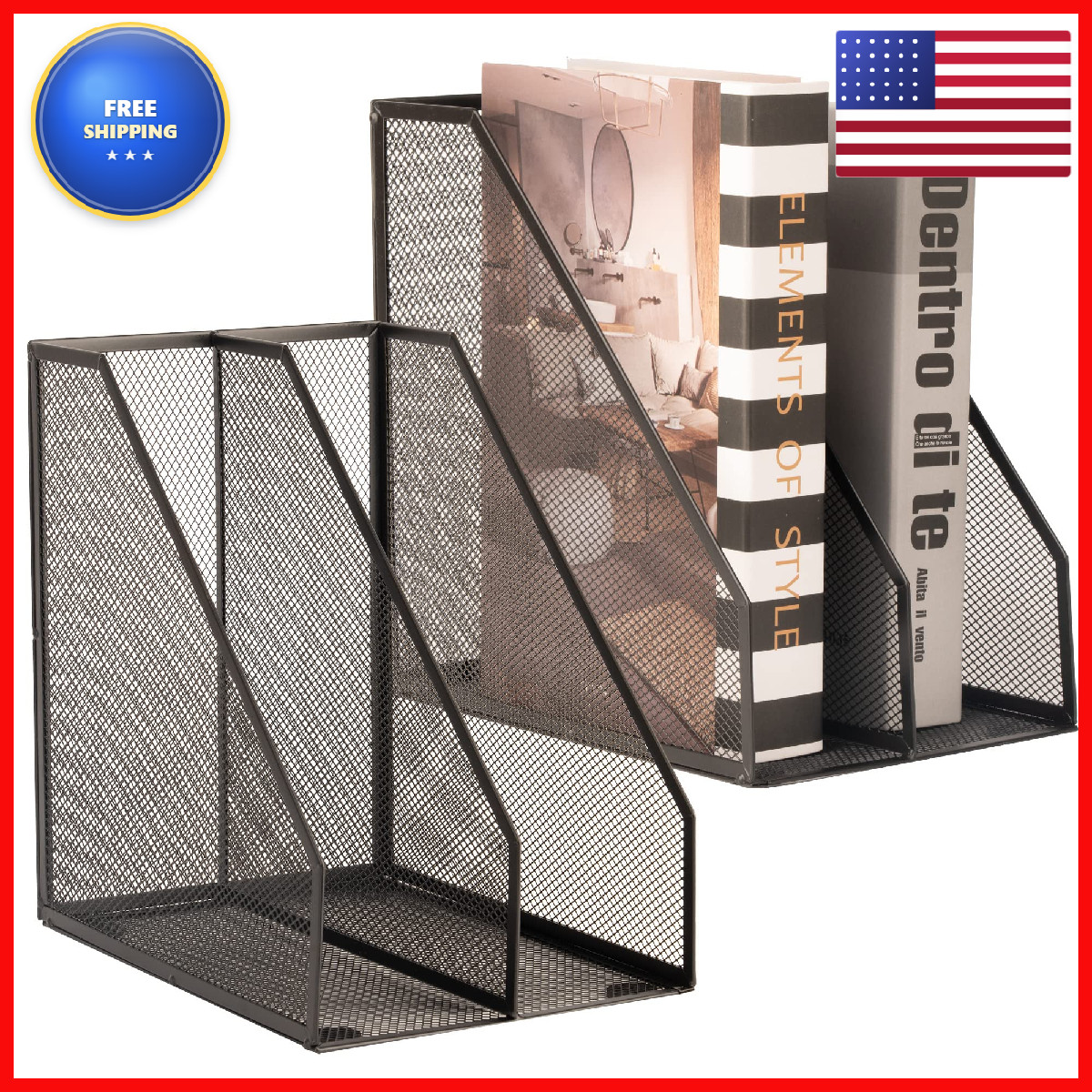 Asifmthot 2 Set Magazine Holder Metal Wire 2 Compartments Mesh File Holder For