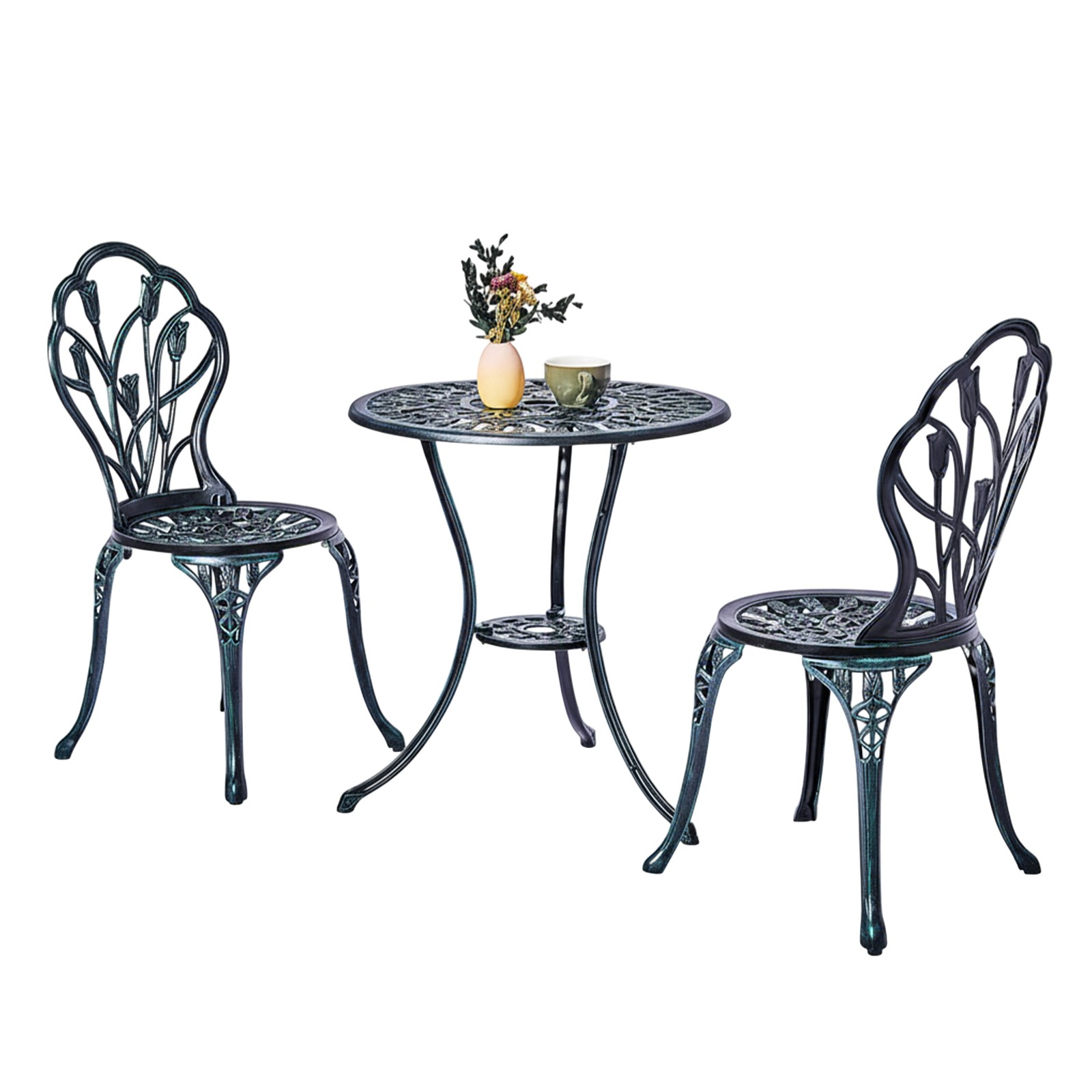 3 PCS Outdoor Bistro Set Cast Aluminum Tulip Bistro Table and Chair Green