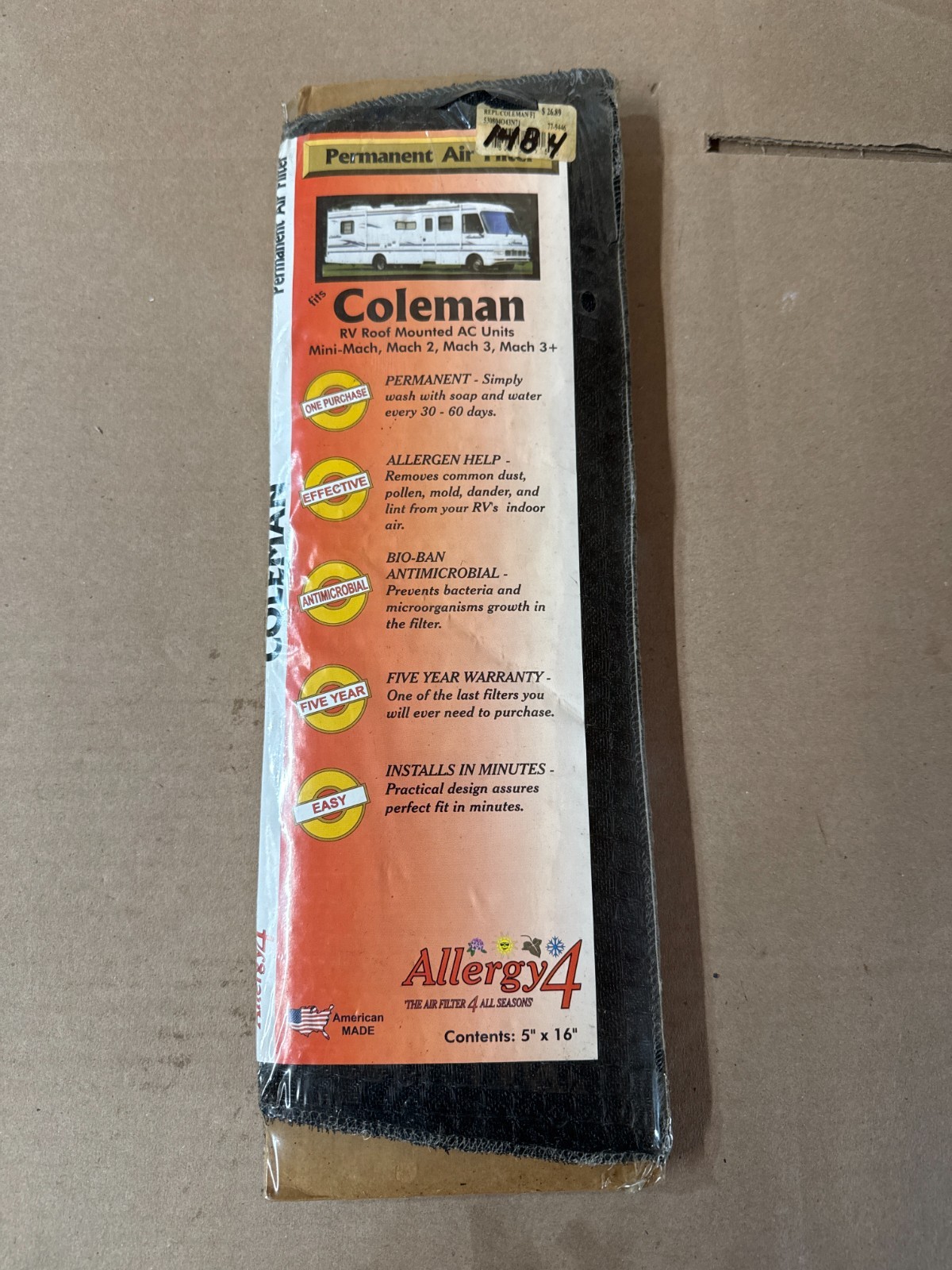AC Filter 5"x16" Allergy 4 Replacement For Coleman Mini Mach 2/ Mach 3+