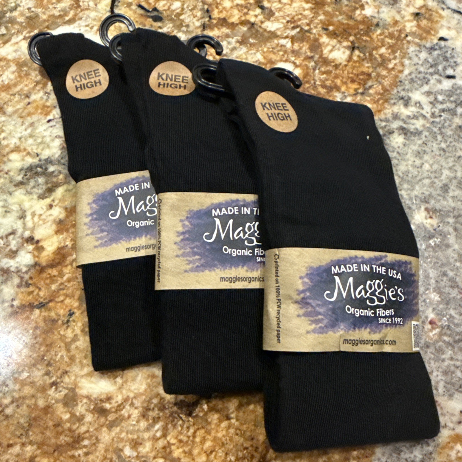 3 Pairs Maggie's Organics Black Knee Hi Socks Women's 6-9 - Made In USA