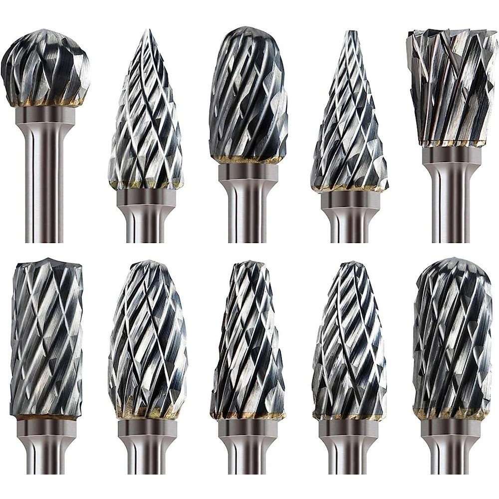 10Pcs Tungsten Carbide Steel Rotary Burr Die Grinder Bit 1/8in Shank Carving Set