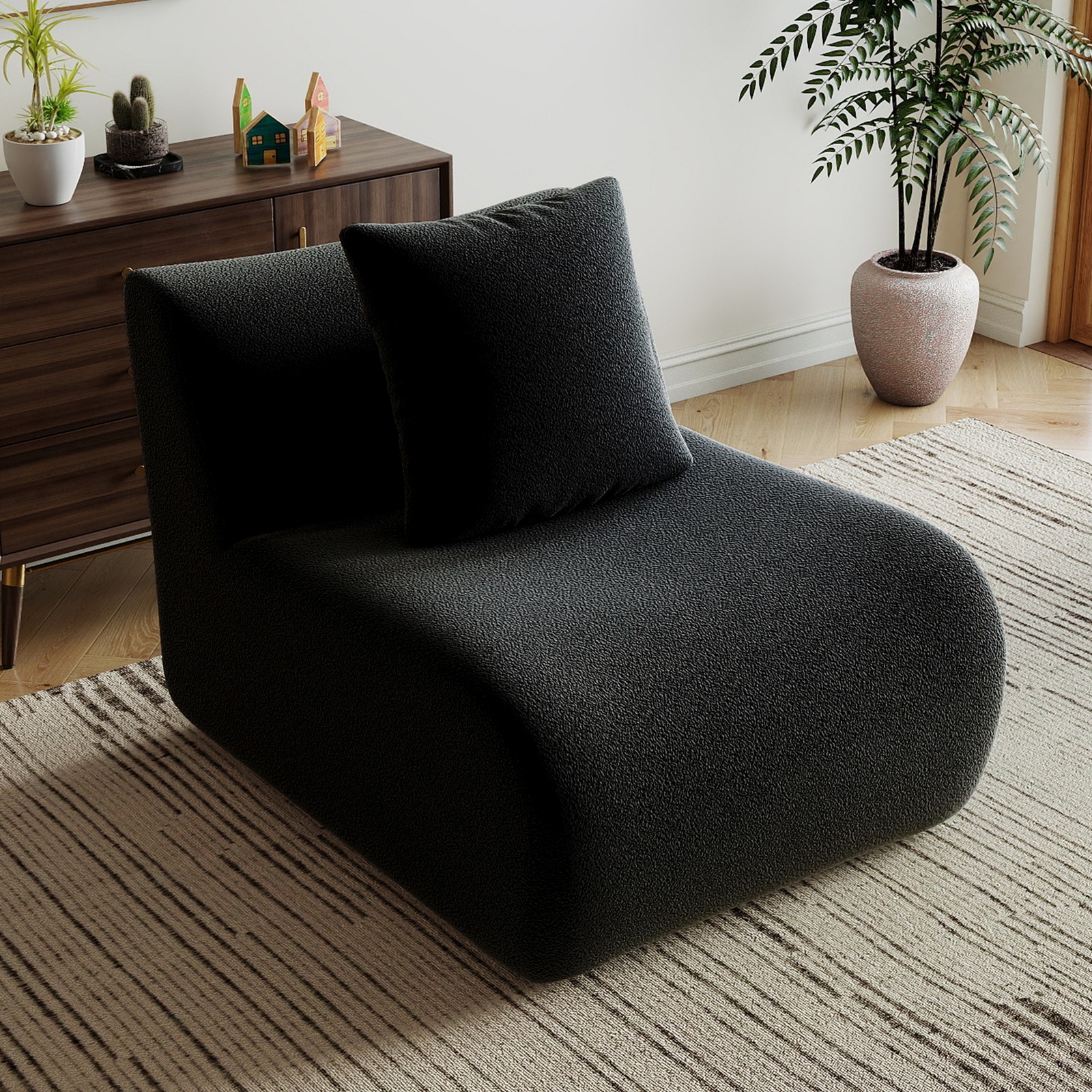 Armless Sofa W/Pillow Teddy Fabric-Black