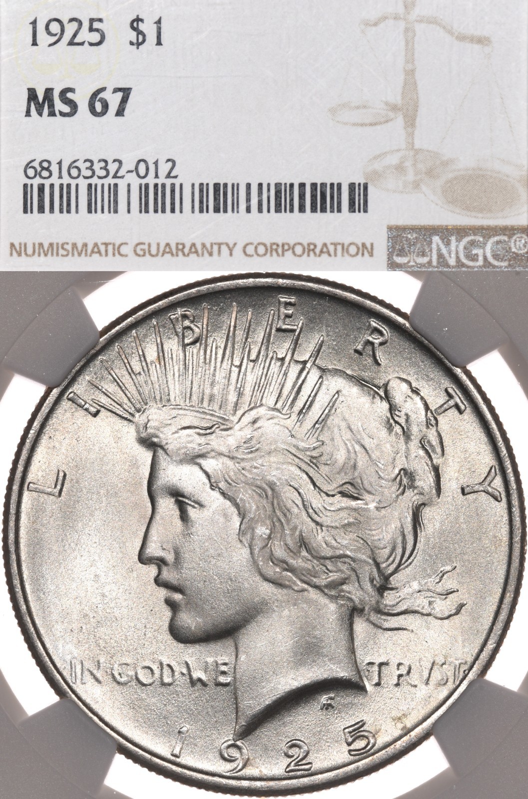 1925 $1 NGC MS67 Peace Silver Dollar Gem Uncirculated